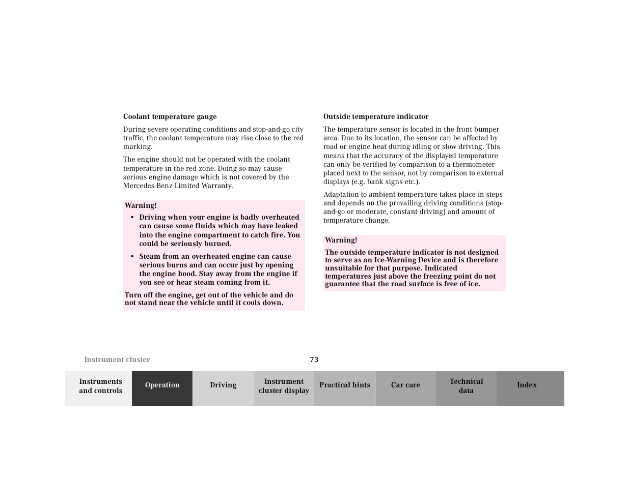Coolant temperature gauge, Outside temperature indicator | Mercedes-Benz 2001 SLK-Class User Manual | Page 76 / 273