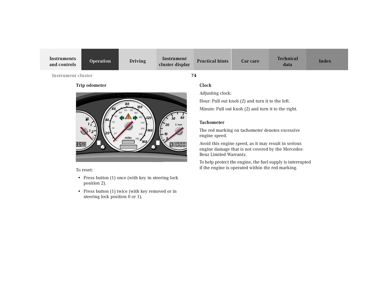 Trip odometer, Clock, Tachometer | Mercedes-Benz 2001 SLK-Class User Manual | Page 77 / 273