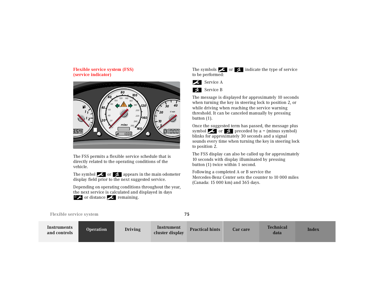 Flexible service system (fss), Flexible service, System (fss) | Mercedes-Benz 2001 SLK-Class User Manual | Page 78 / 273