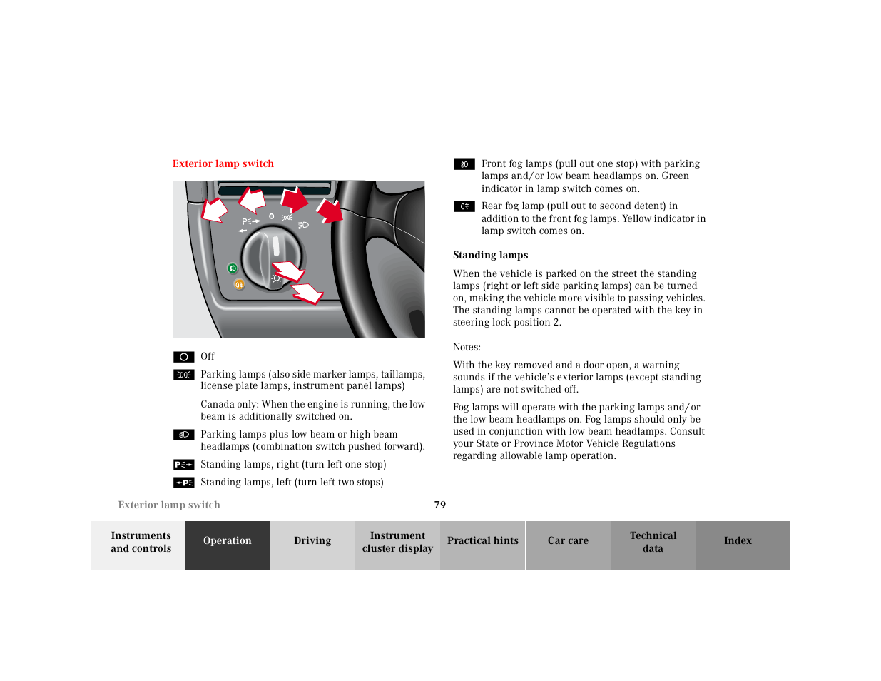 Exterior lamp switch | Mercedes-Benz 2001 SLK-Class User Manual | Page 82 / 273