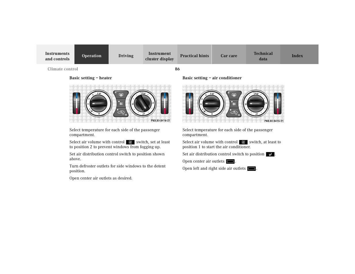 Basic setting – heater, Basic setting – air conditioner | Mercedes-Benz 2001 SLK-Class User Manual | Page 89 / 273