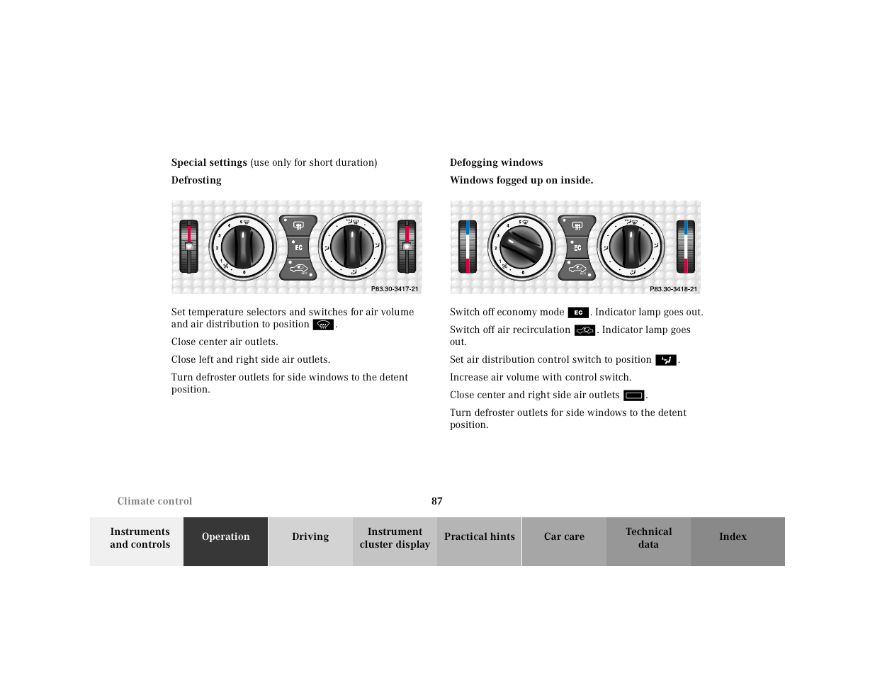 Special settings, Defogging windows | Mercedes-Benz 2001 SLK-Class User Manual | Page 90 / 273