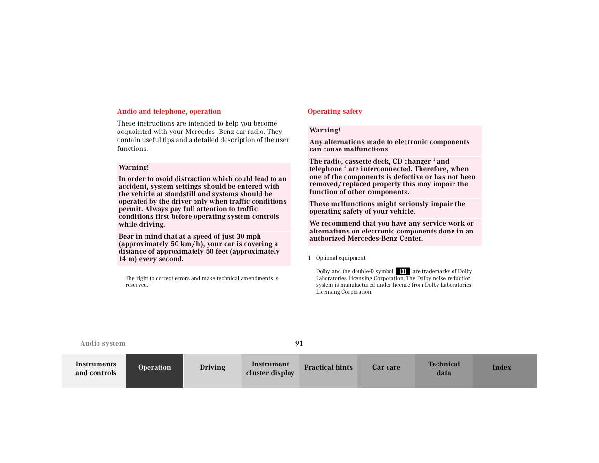 Audio and telephone, operation, Operating safety, Audio and telephone | Operation, Before a long trip | Mercedes-Benz 2001 SLK-Class User Manual | Page 94 / 273