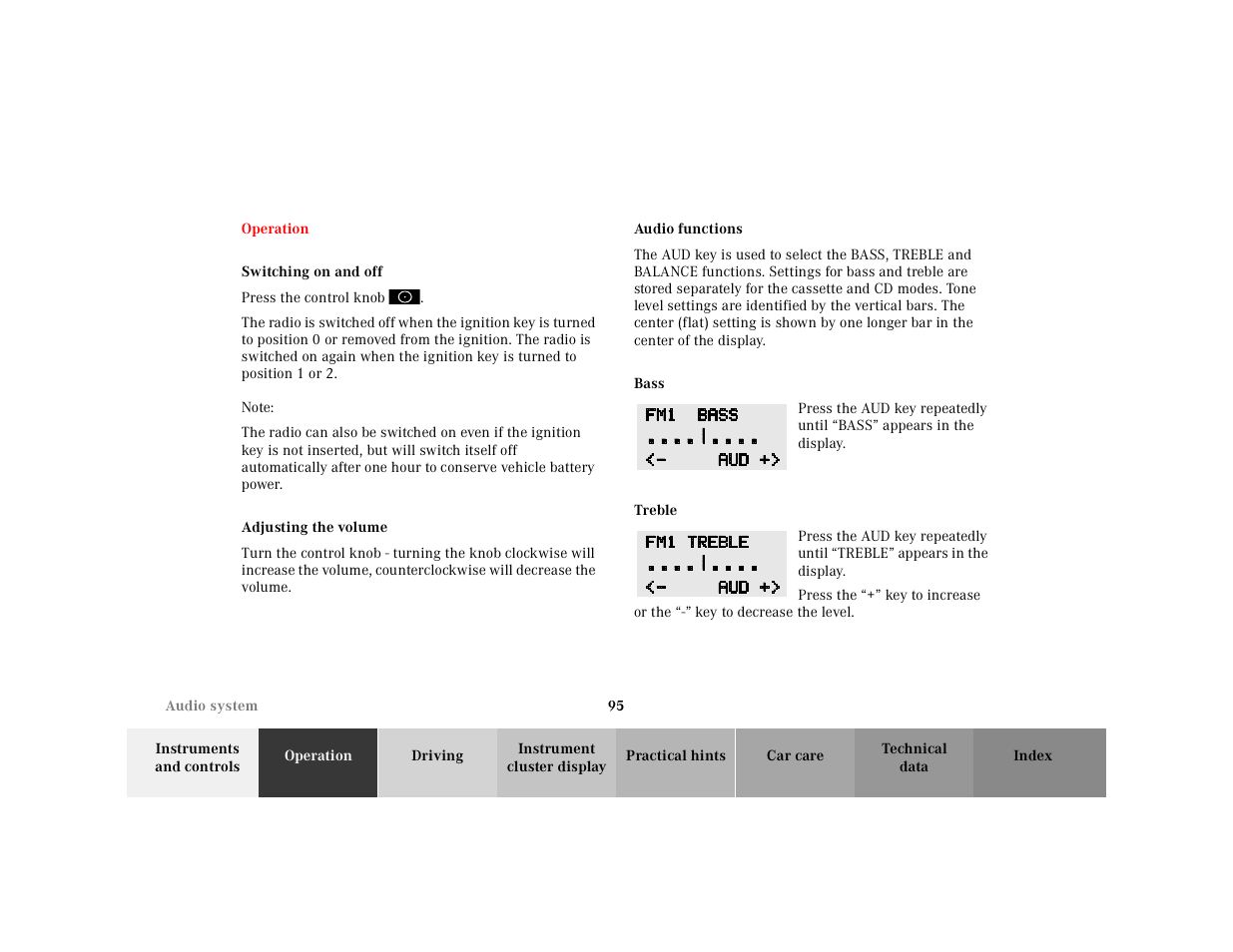 Operation, Switching on and off, Setting the audio volume | Audio functions, Bass, Treble | Mercedes-Benz 2001 SLK-Class User Manual | Page 98 / 273
