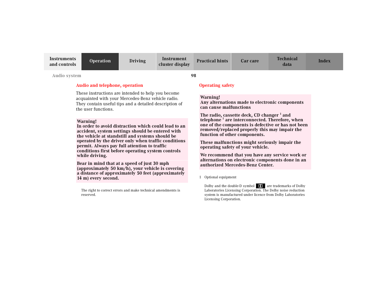 Mercedes-Benz 2002 SL 600 User Manual | Page 102 / 302