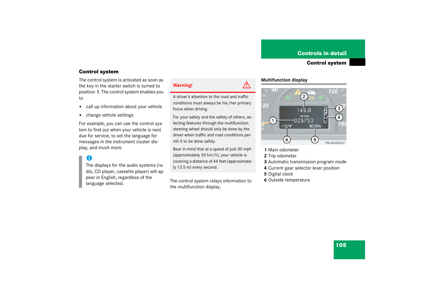 Control system, Multifunction display | Mercedes-Benz 2003 C-Class Coupe User Manual | Page 105 / 356