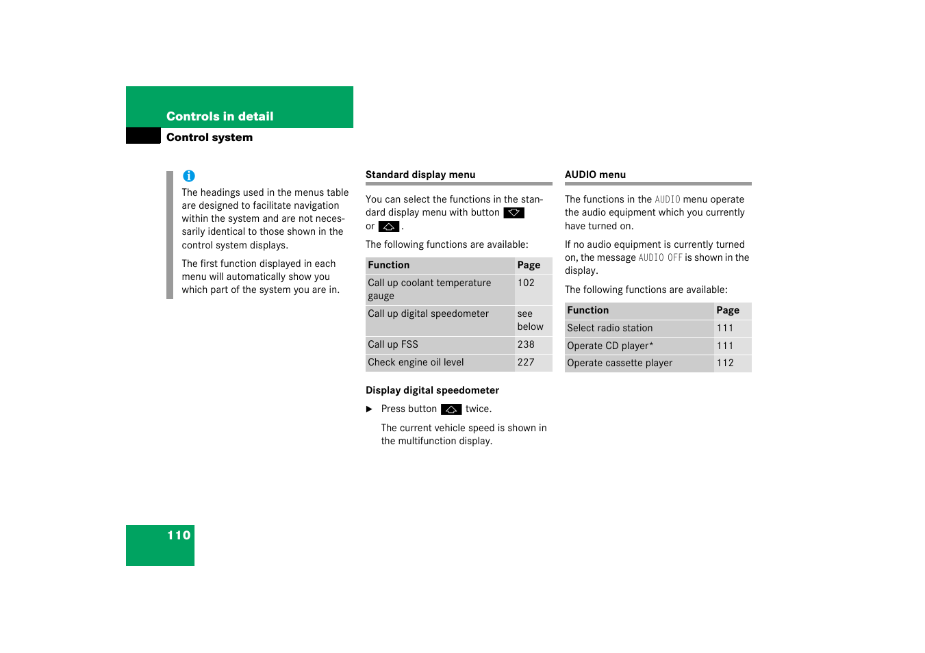 Menus:audio;control system:audio menu;audio menu, Standard display menu audio menu | Mercedes-Benz 2003 C-Class Coupe User Manual | Page 110 / 356