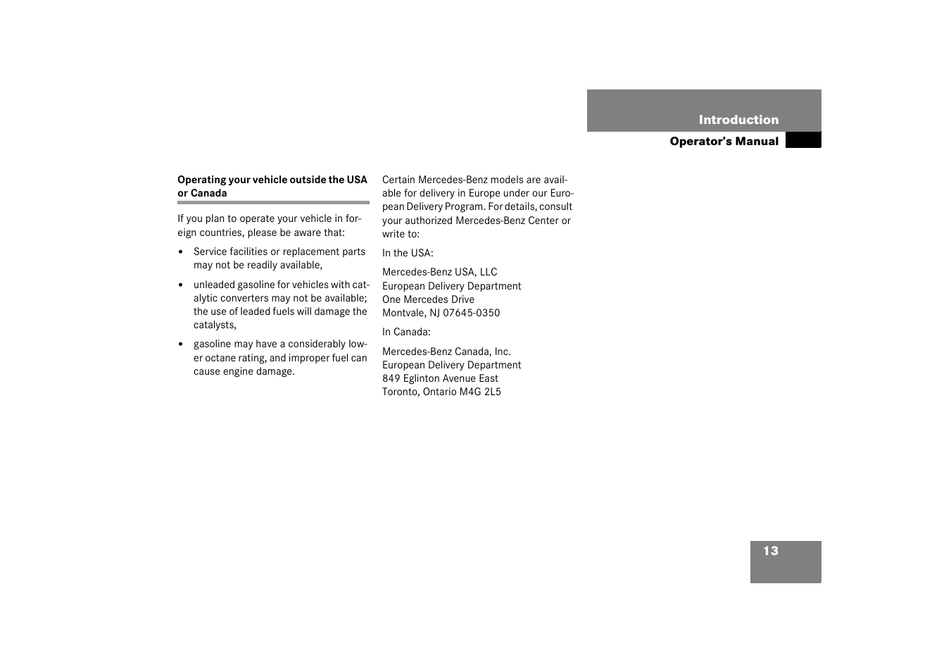 Operating your vehicle outside the usa or canada | Mercedes-Benz 2003 C-Class Coupe User Manual | Page 13 / 356