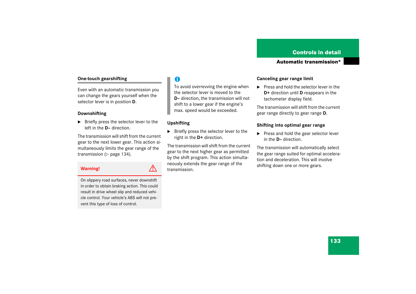 One-touch gearshifting | Mercedes-Benz 2003 C-Class Coupe User Manual | Page 133 / 356