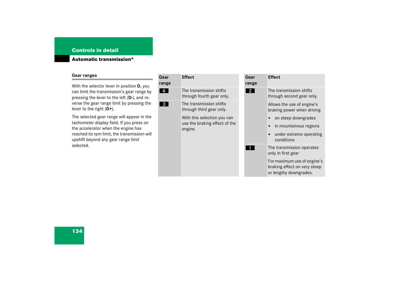Gear ranges | Mercedes-Benz 2003 C-Class Coupe User Manual | Page 134 / 356