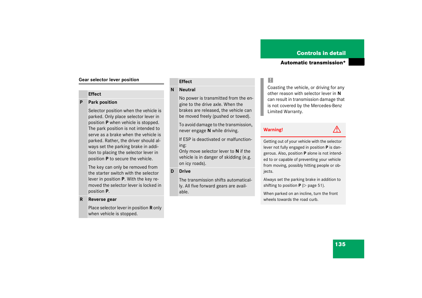 Gear selector lever position | Mercedes-Benz 2003 C-Class Coupe User Manual | Page 135 / 356