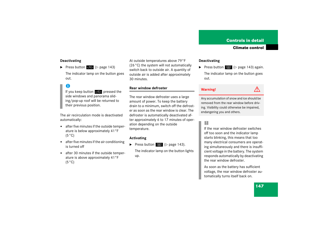Rear window defroster | Mercedes-Benz 2003 C-Class Coupe User Manual | Page 147 / 356