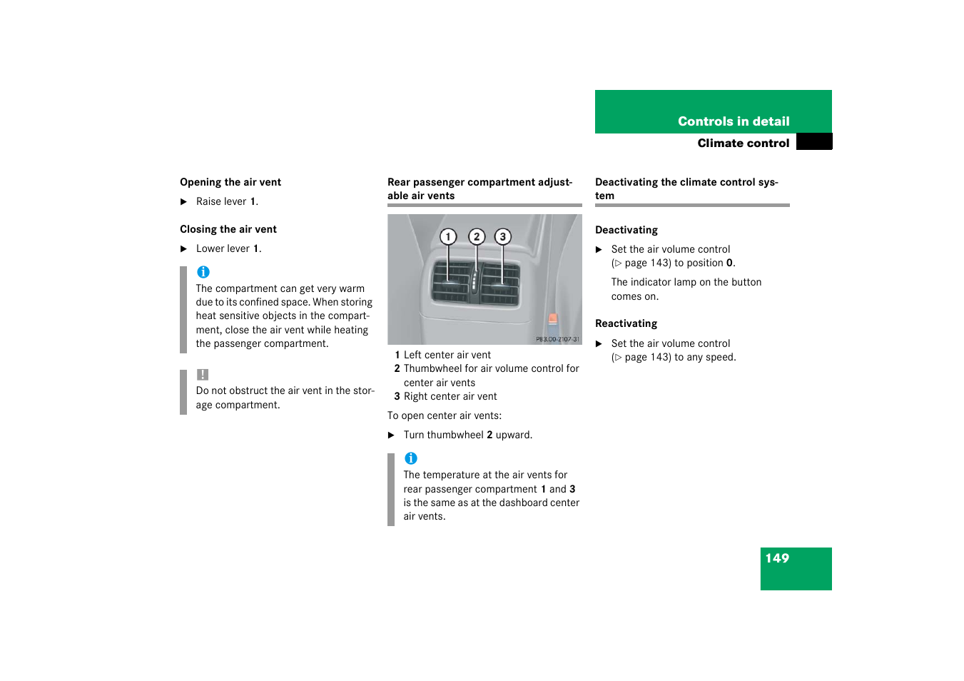 Deactivating the climate control system | Mercedes-Benz 2003 C-Class Coupe User Manual | Page 149 / 356