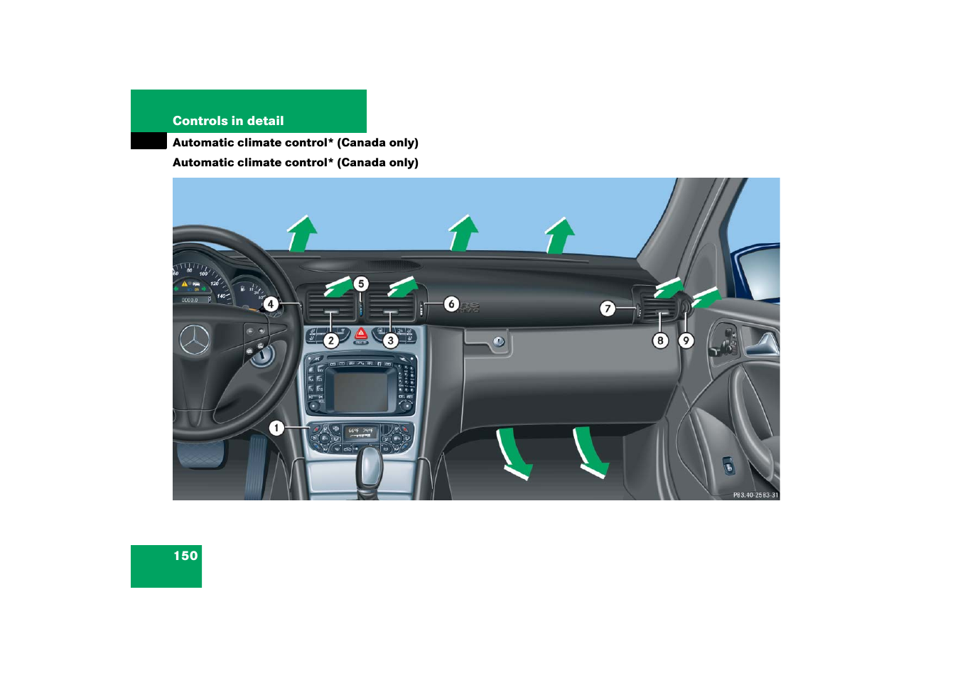 Automatic climate control, Automatic climate control* (canada only) | Mercedes-Benz 2003 C-Class Coupe User Manual | Page 150 / 356