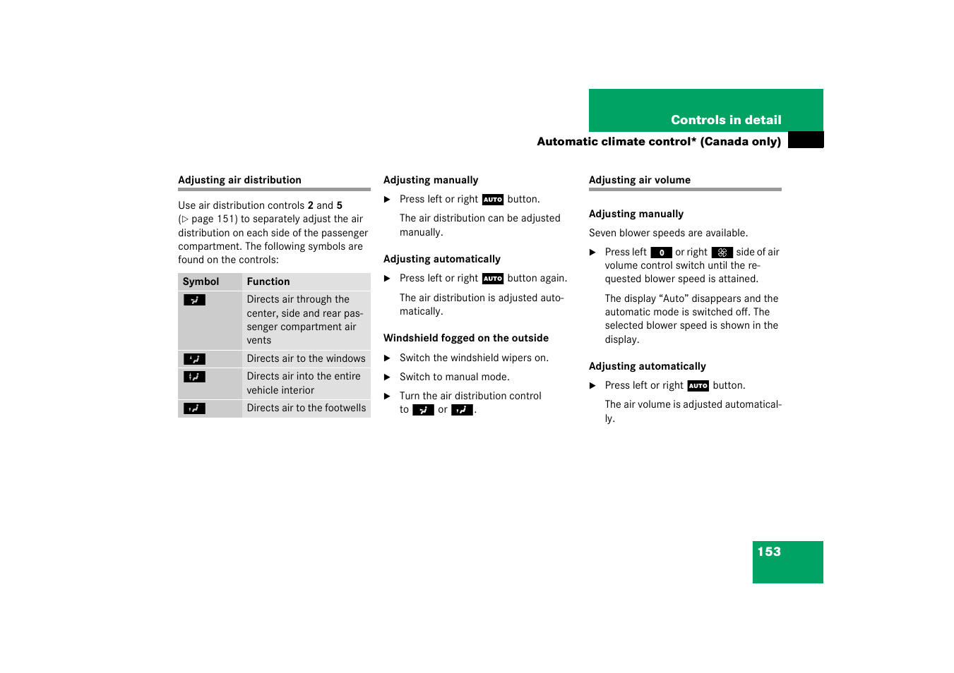 Adjusting:air volume;air volume:adjusting, Adjusting air distribution adjusting air volume | Mercedes-Benz 2003 C-Class Coupe User Manual | Page 153 / 356
