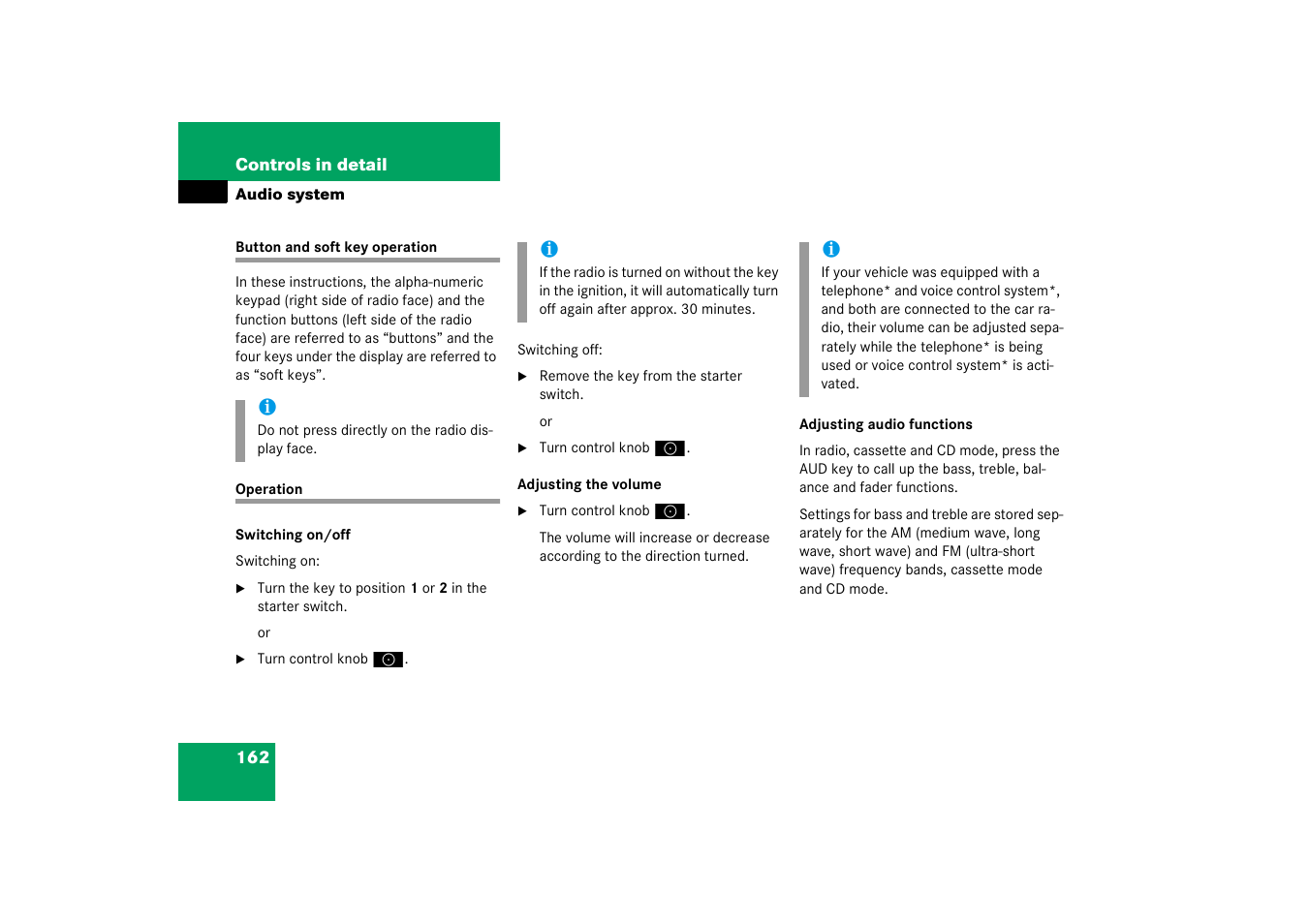 Audio system:operation, Button and soft key operation operation | Mercedes-Benz 2003 C-Class Coupe User Manual | Page 162 / 356