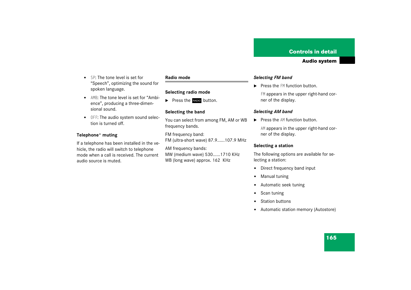 Radio mode | Mercedes-Benz 2003 C-Class Coupe User Manual | Page 165 / 356