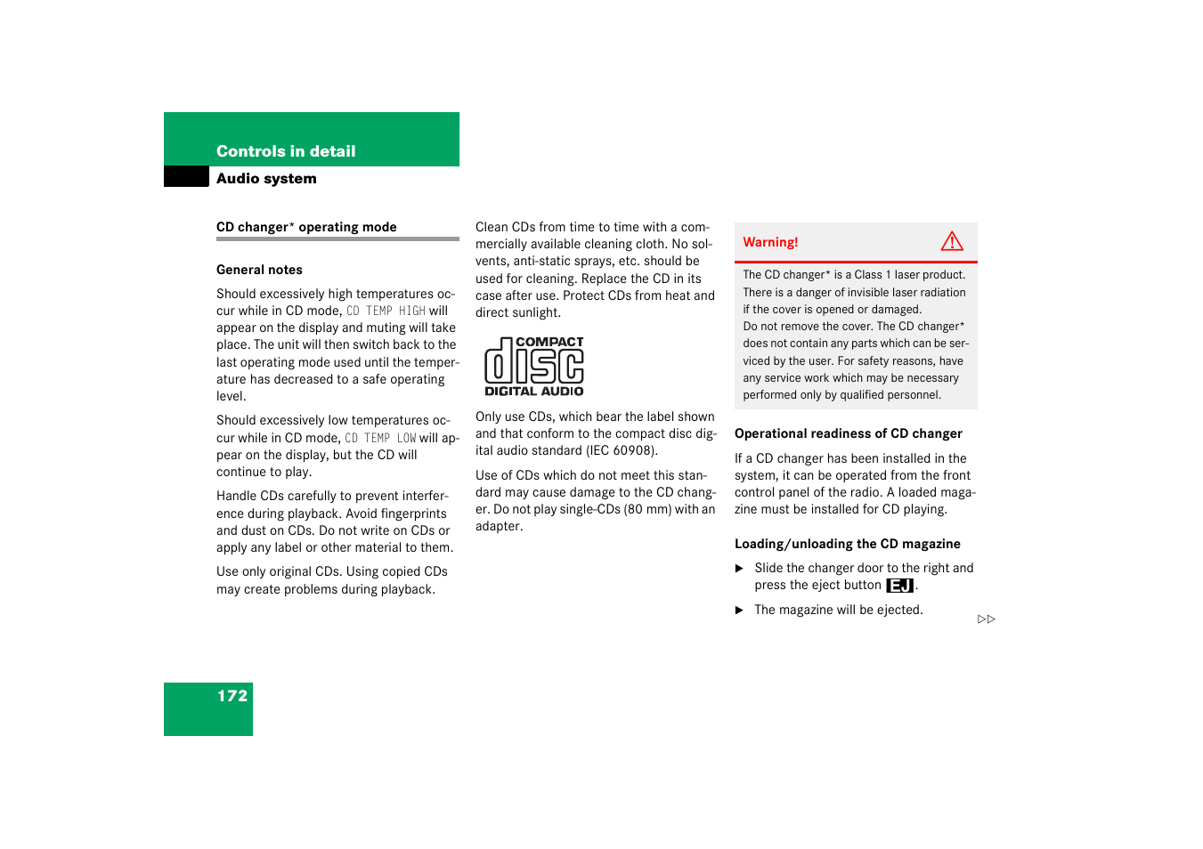 Cd changer* operating mode | Mercedes-Benz 2003 C-Class Coupe User Manual | Page 172 / 356