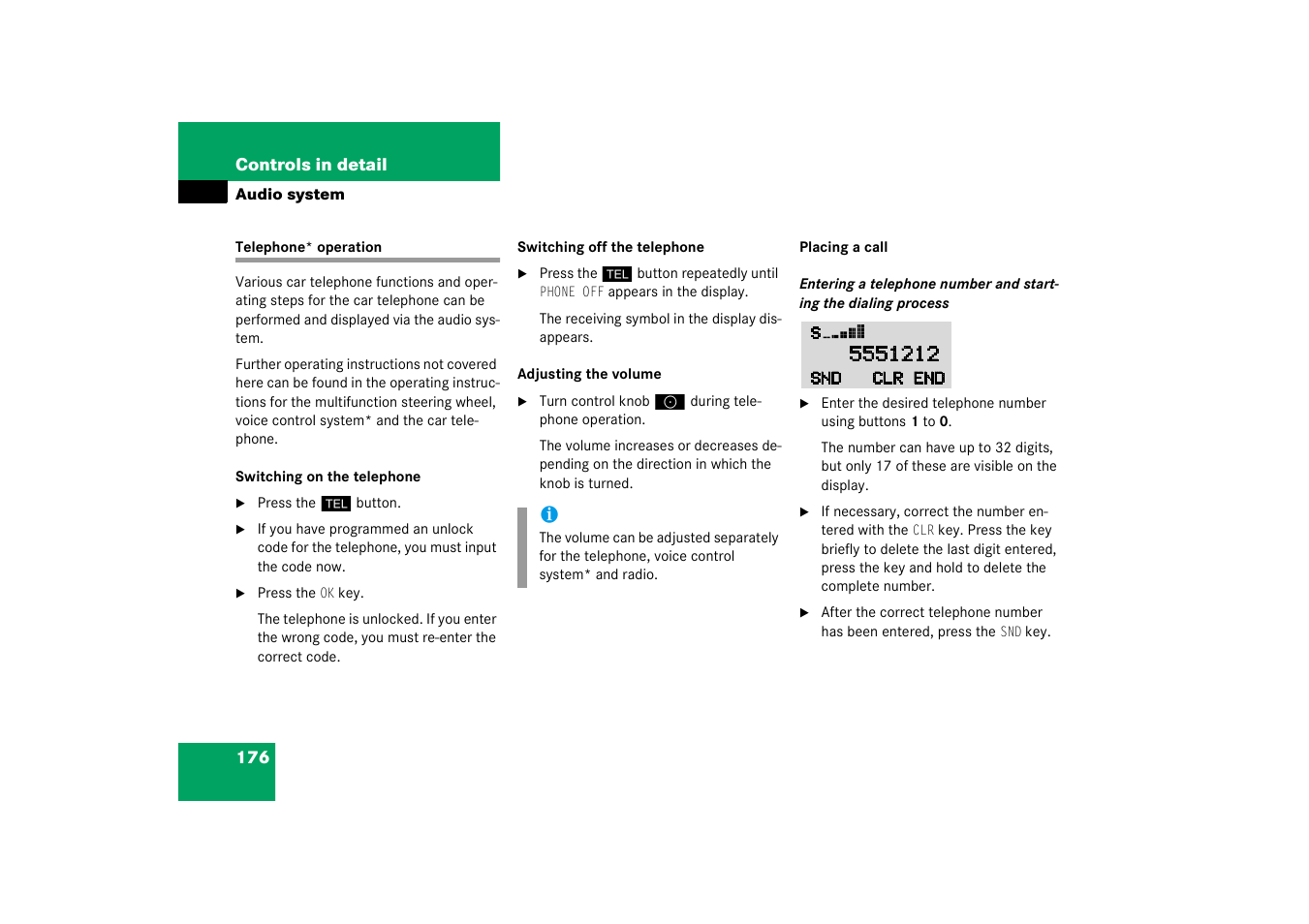 Telephone* operation | Mercedes-Benz 2003 C-Class Coupe User Manual | Page 176 / 356