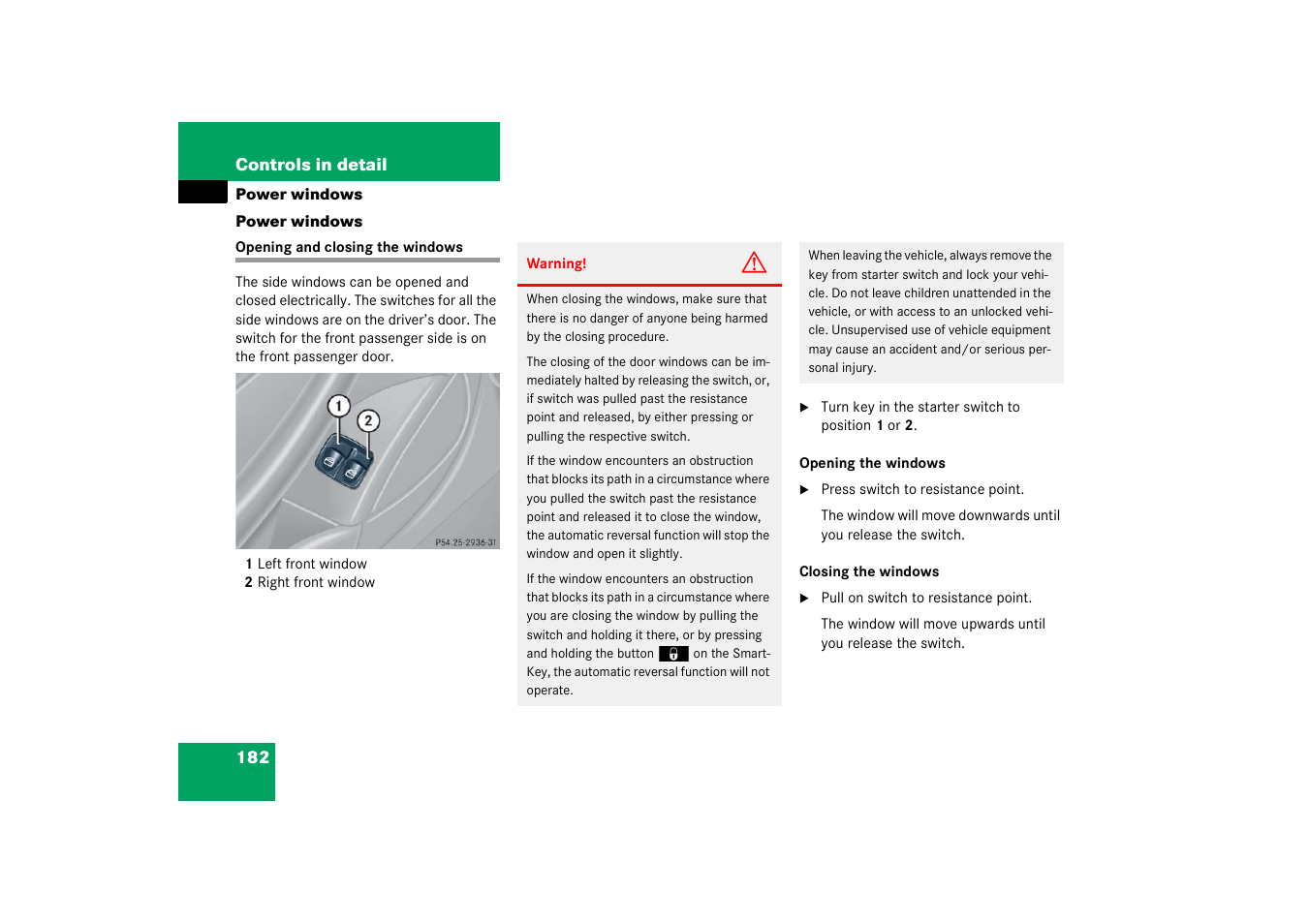 Power windows;power windows:side windows, Power windows, Opening and closing the windows 182 | Mercedes-Benz 2003 C-Class Coupe User Manual | Page 182 / 356