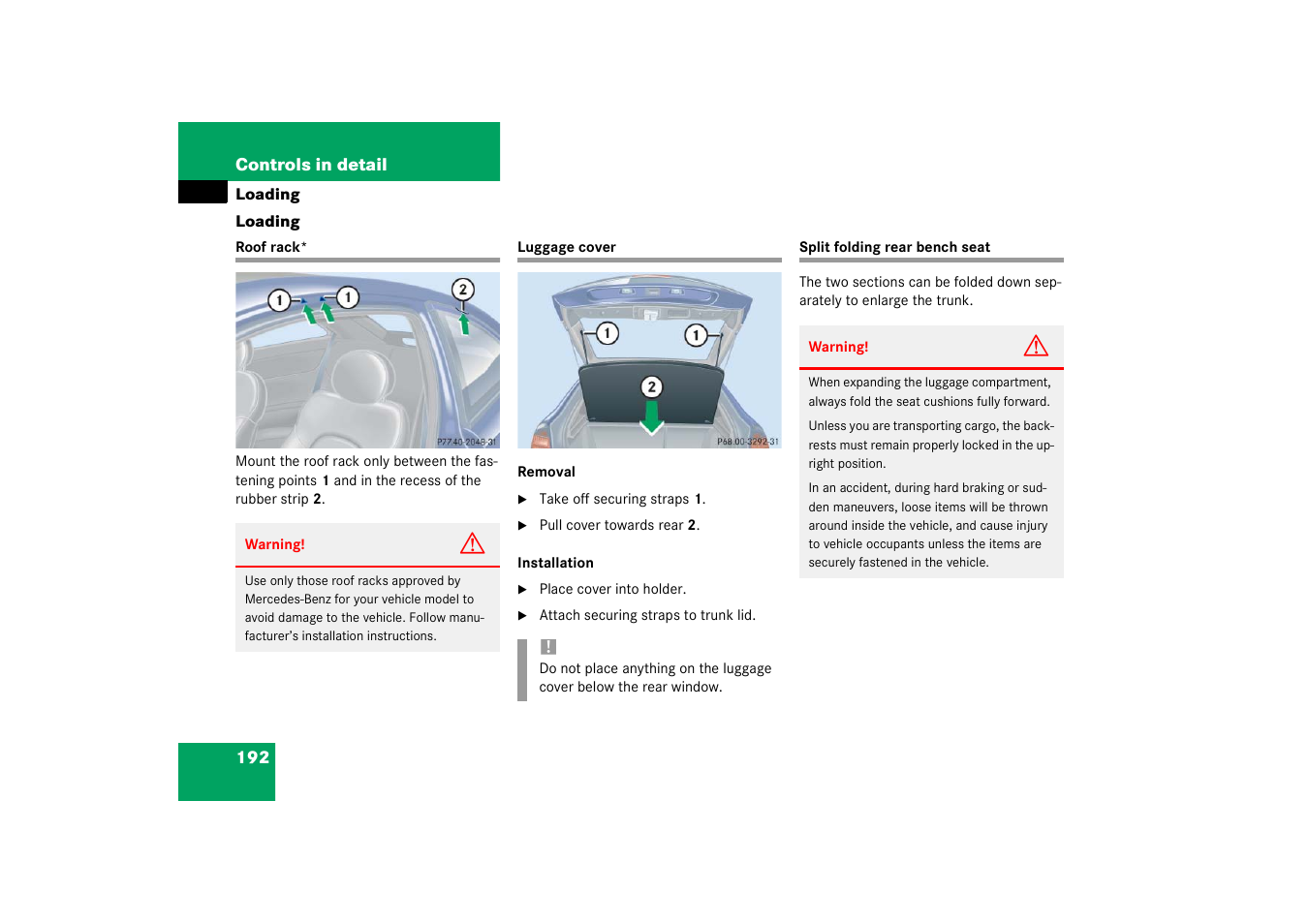 Loading, Roof rack;loading:roof rack, Luggage cover | Mercedes-Benz 2003 C-Class Coupe User Manual | Page 192 / 356