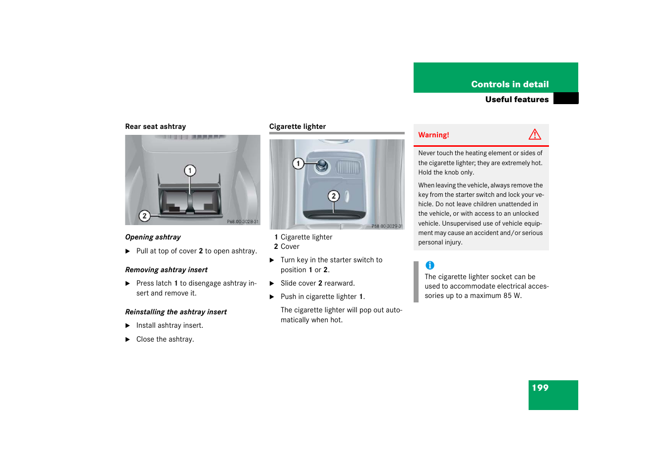 Cigarette lighter | Mercedes-Benz 2003 C-Class Coupe User Manual | Page 199 / 356