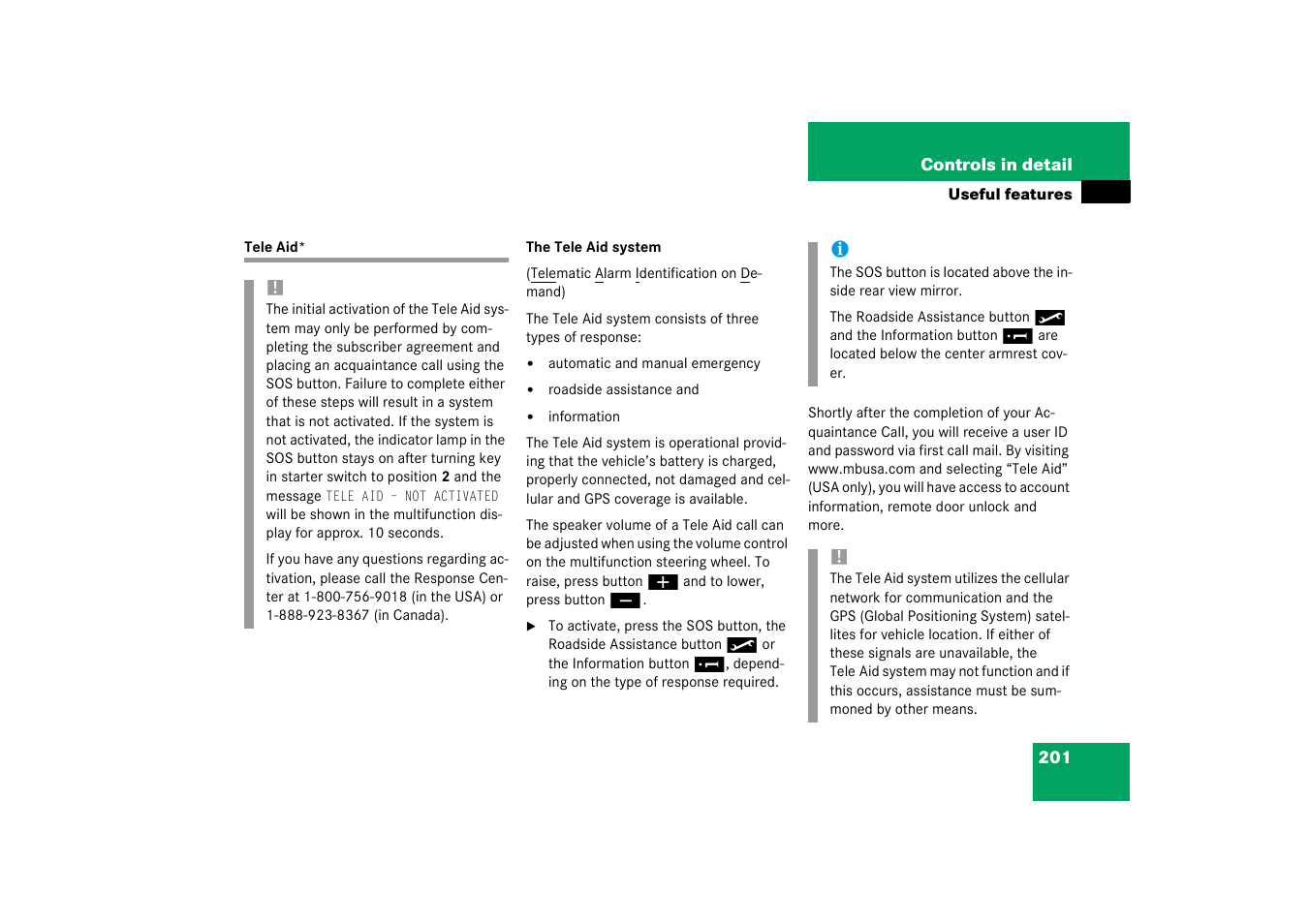 Tele aid*;useful features:tele aid, Tele aid | Mercedes-Benz 2003 C-Class Coupe User Manual | Page 201 / 356