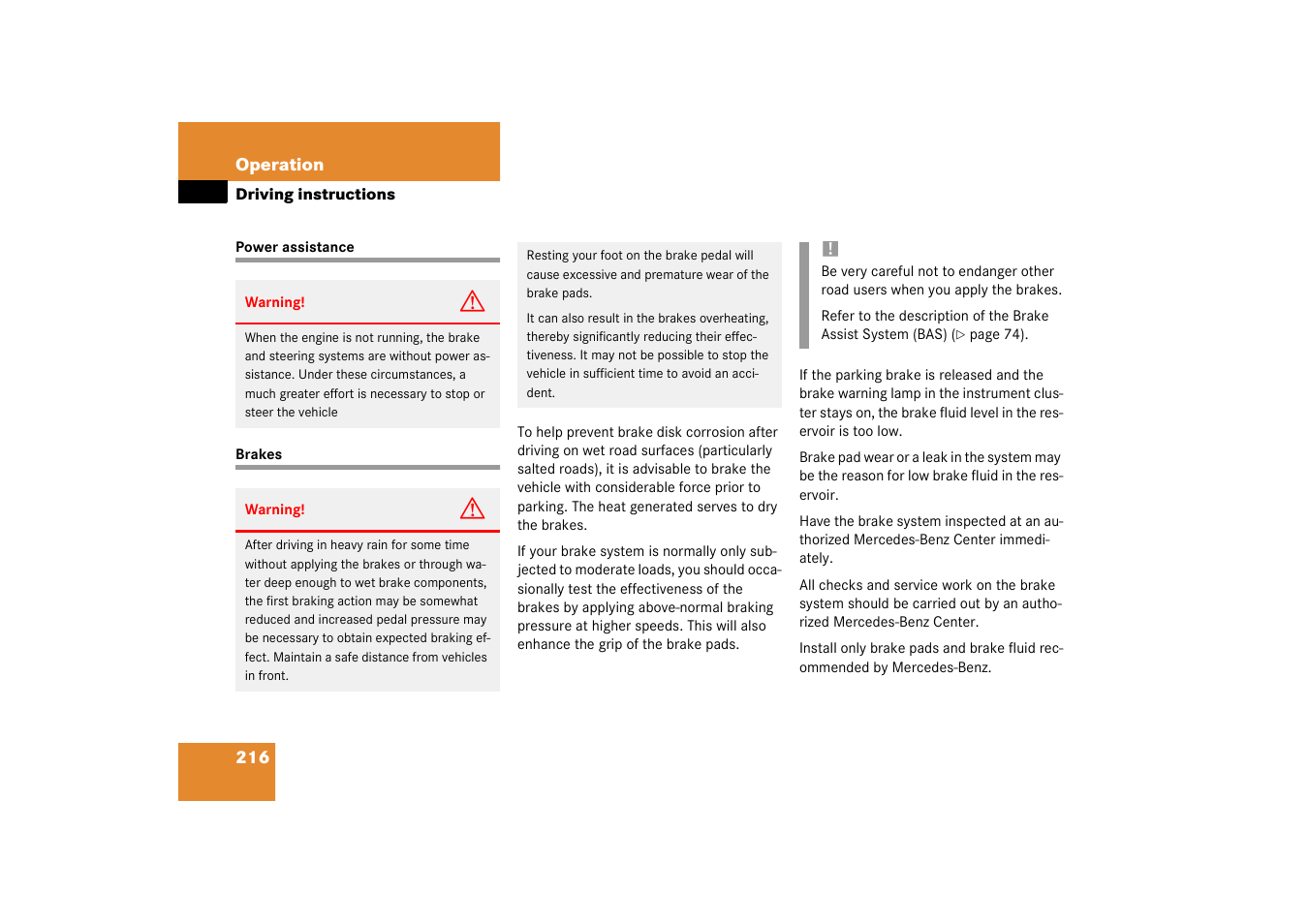 Power assistance, Brakes, Power assistance brakes | Mercedes-Benz 2003 C-Class Coupe User Manual | Page 216 / 356