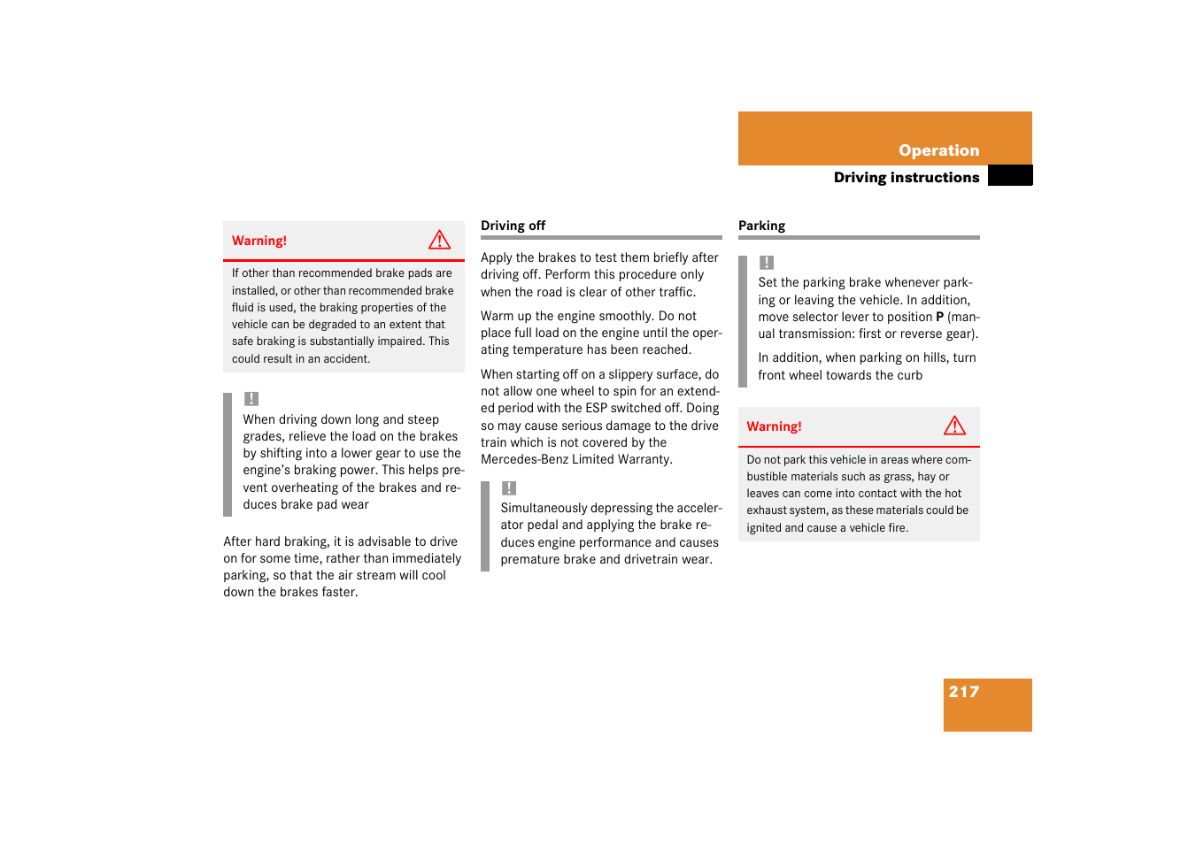 Driving off, Parking, Driving off parking | Mercedes-Benz 2003 C-Class Coupe User Manual | Page 217 / 356