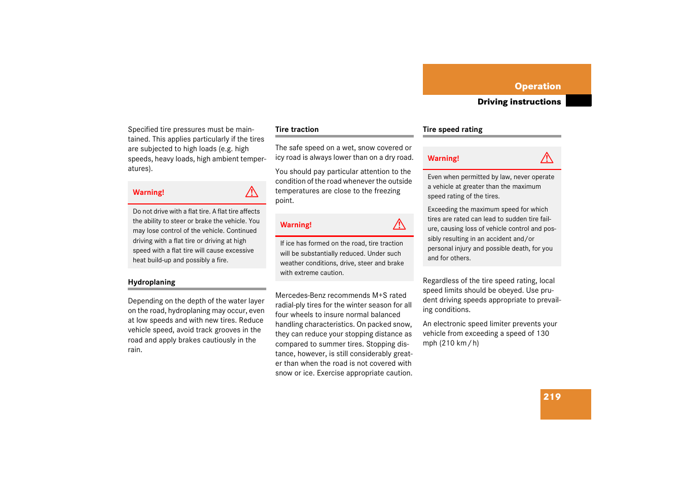 Tire traction, Tire speed rating, Hydroplaning tire traction tire speed rating | Mercedes-Benz 2003 C-Class Coupe User Manual | Page 219 / 356