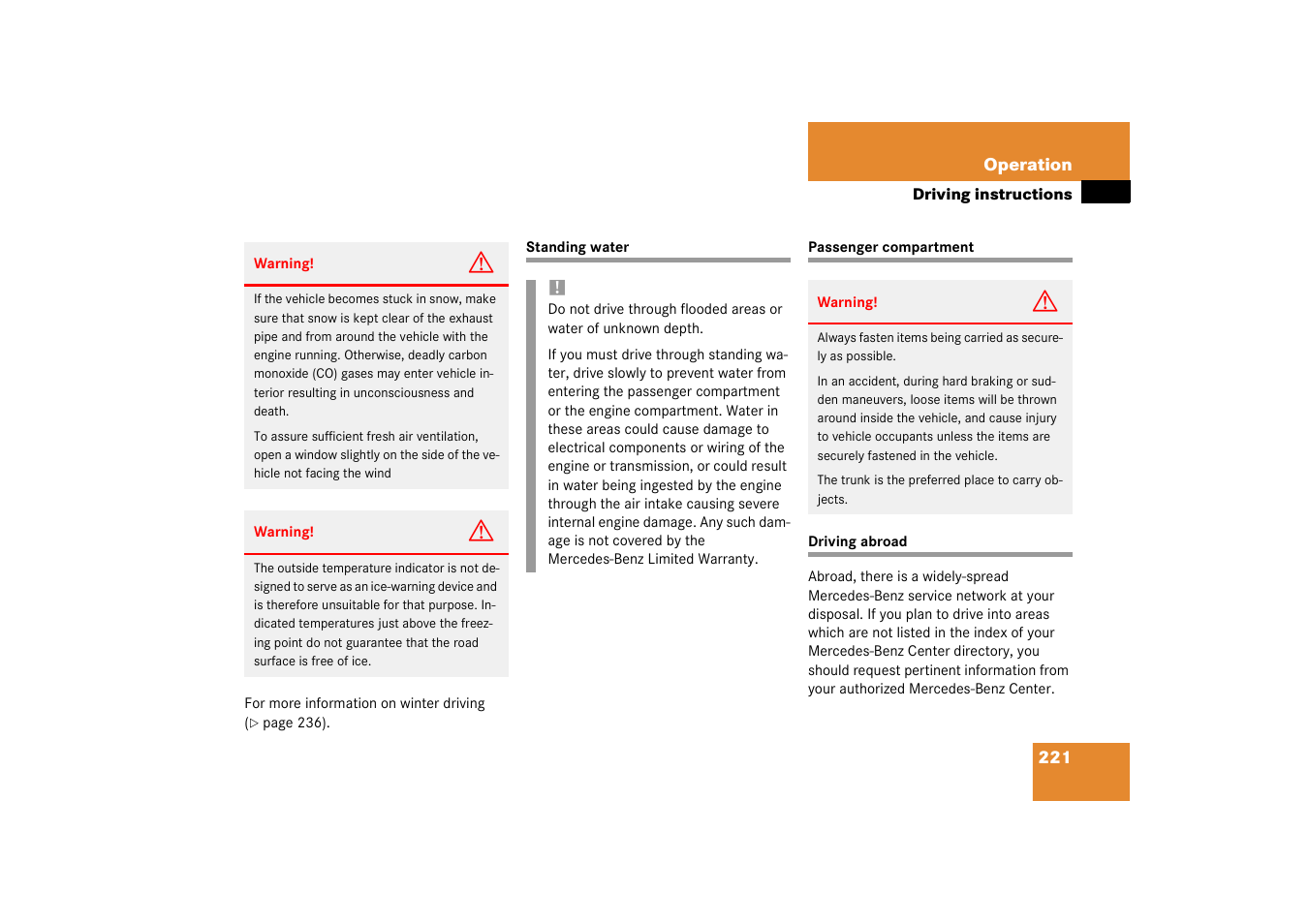 Passenger compartment, Driving abroad | Mercedes-Benz 2003 C-Class Coupe User Manual | Page 221 / 356