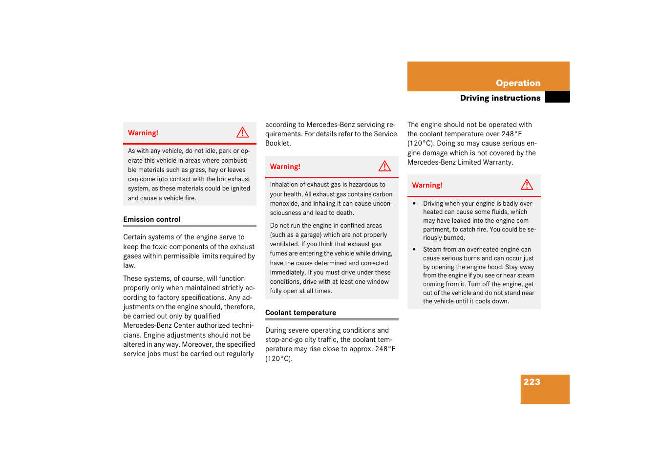 Emission control, Coolant:temperature, Emission control coolant temperature | Mercedes-Benz 2003 C-Class Coupe User Manual | Page 223 / 356