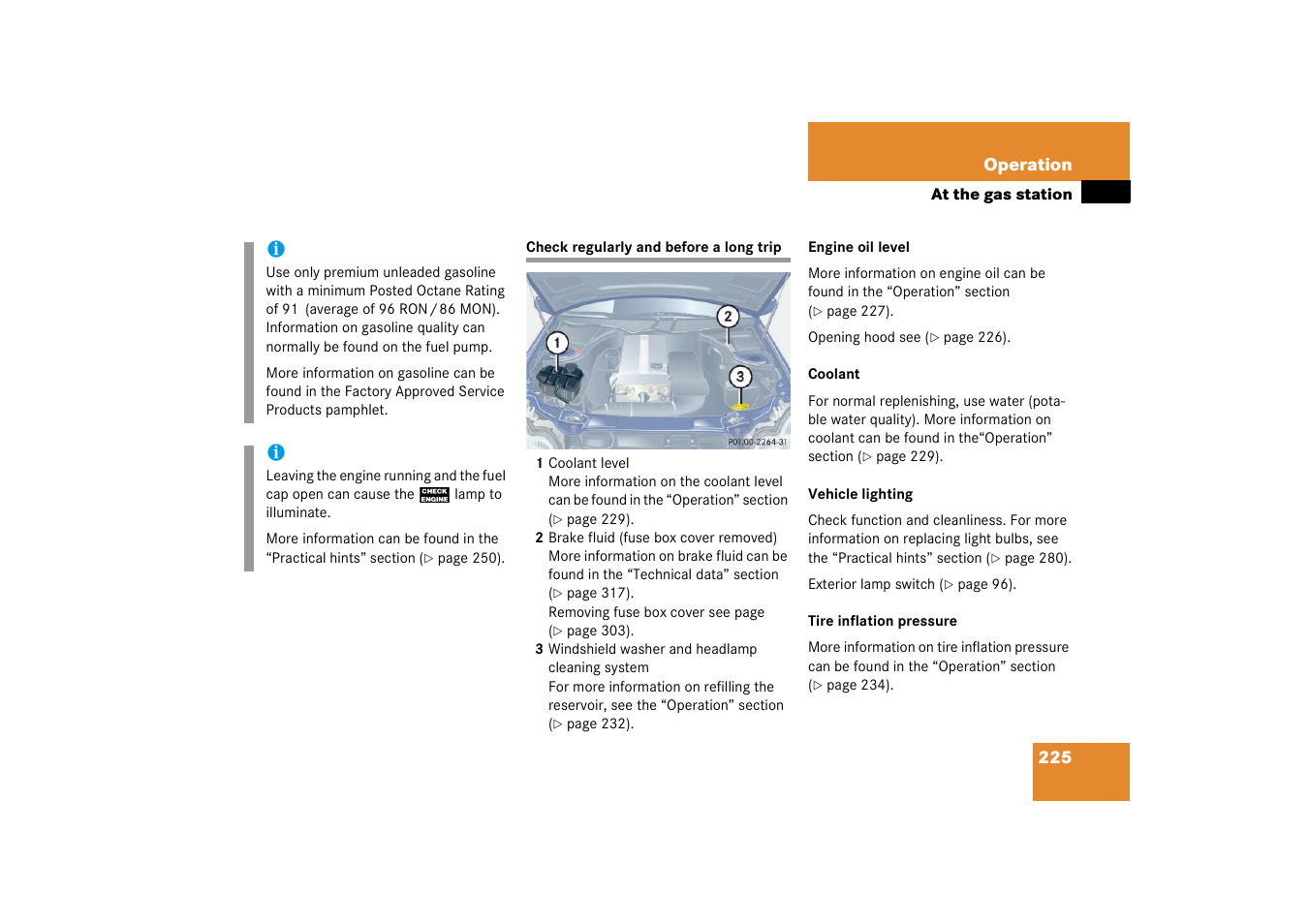 Regular checks, Check regularly and before a long trip | Mercedes-Benz 2003 C-Class Coupe User Manual | Page 225 / 356