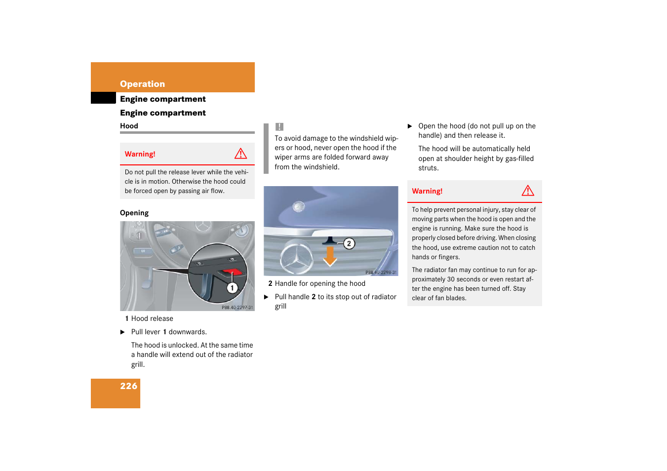 Engine:compartment;engine compartment, Hood;engine compartment:hood;hood:opening, Engine compartment | Hood | Mercedes-Benz 2003 C-Class Coupe User Manual | Page 226 / 356