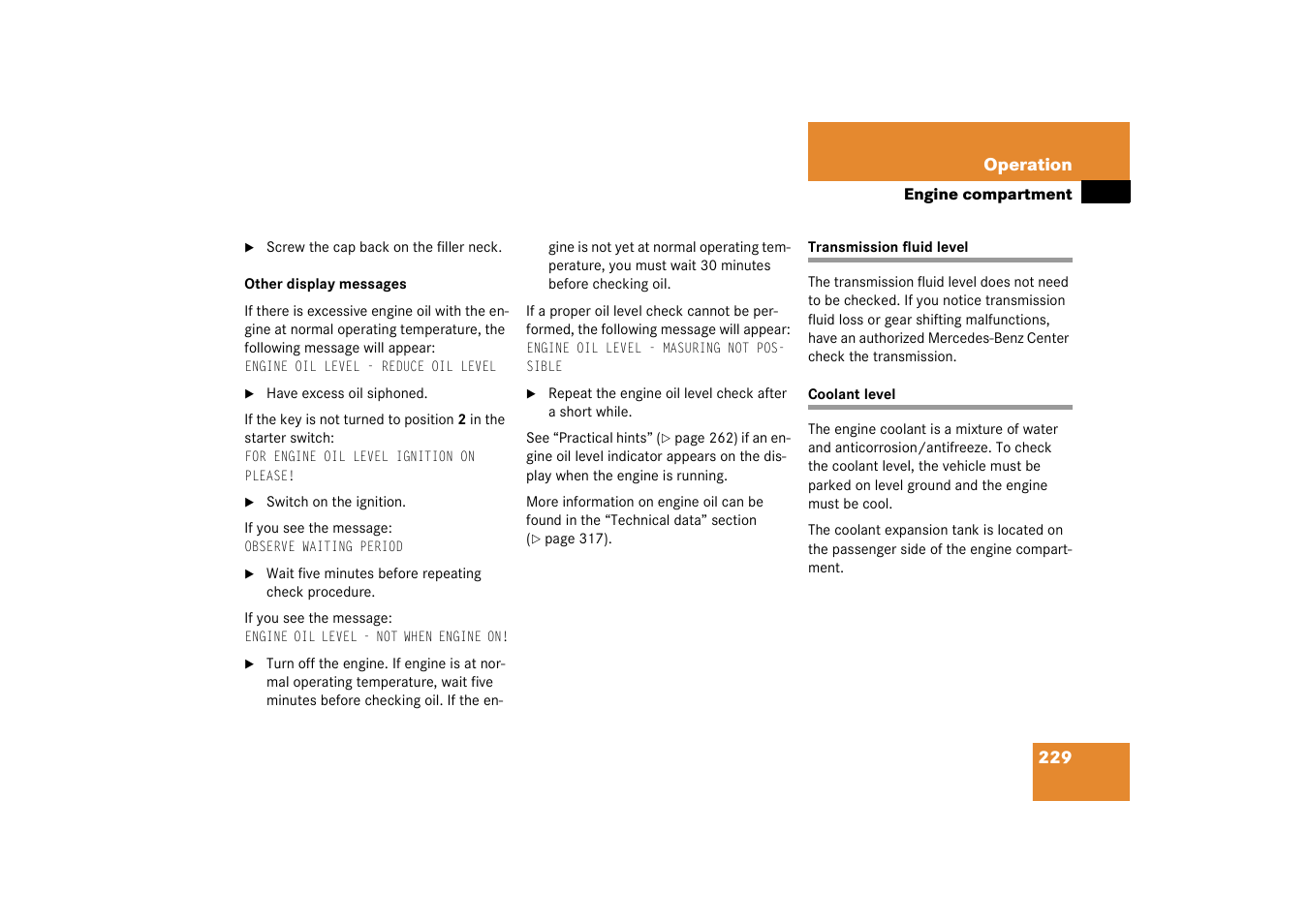 Transmission fluid level coolant level | Mercedes-Benz 2003 C-Class Coupe User Manual | Page 229 / 356