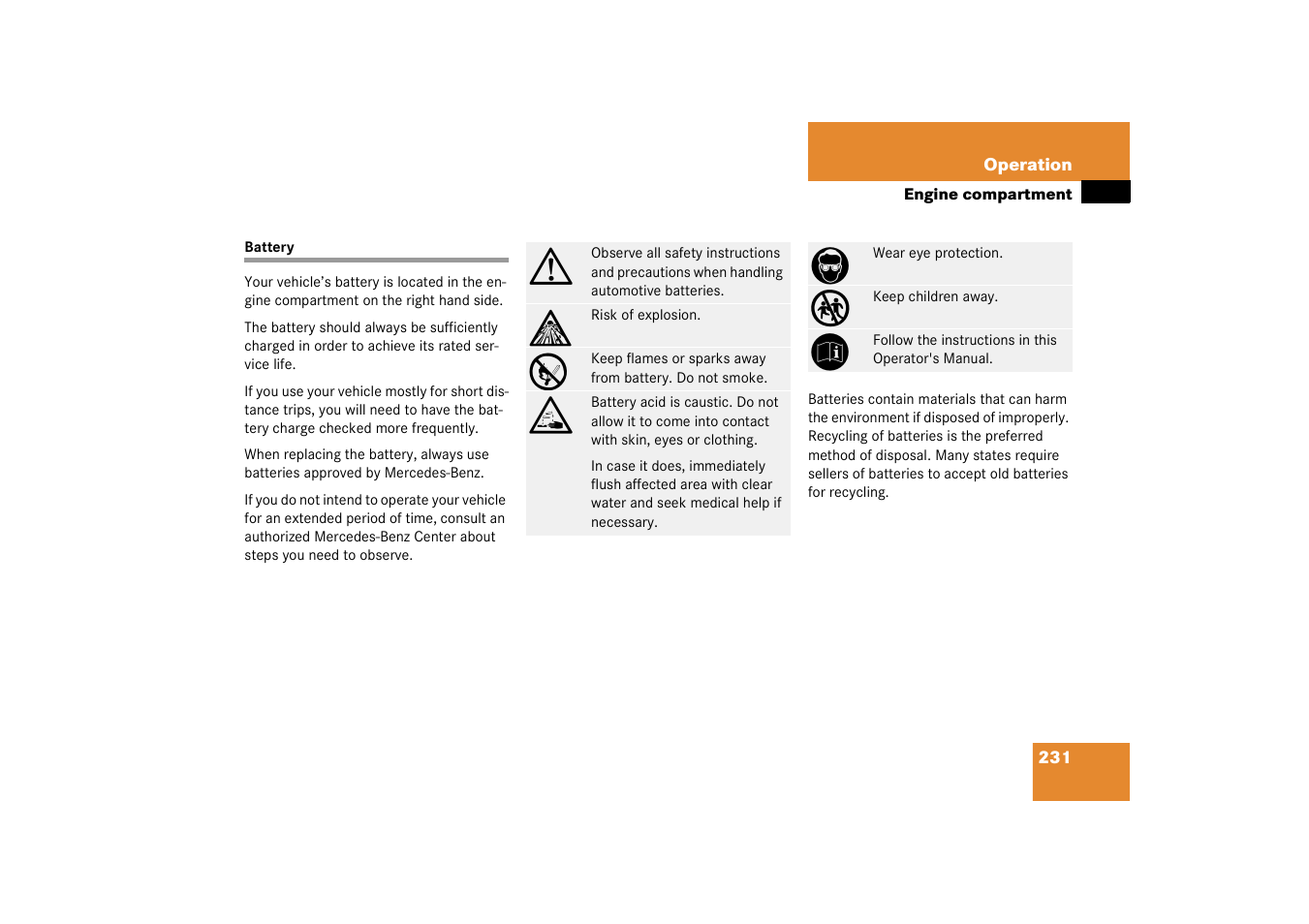Battery, vehicle, Battery | Mercedes-Benz 2003 C-Class Coupe User Manual | Page 231 / 356