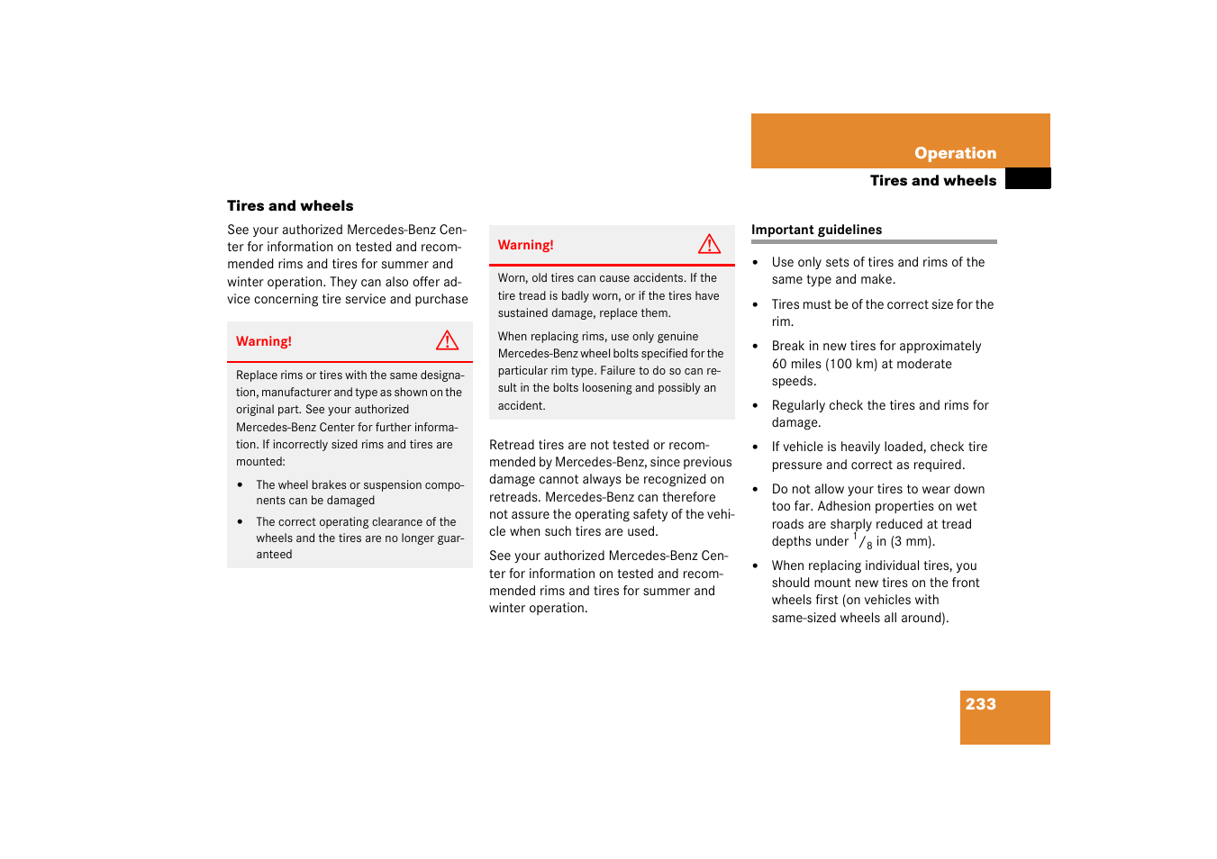 Tires;wheels:tires and wheels, Important guidelines, Tires and wheels | Mercedes-Benz 2003 C-Class Coupe User Manual | Page 233 / 356