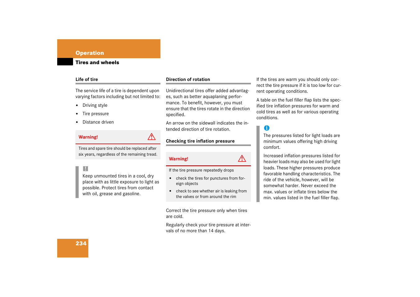 Service life (tires);tires:service life | Mercedes-Benz 2003 C-Class Coupe User Manual | Page 234 / 356
