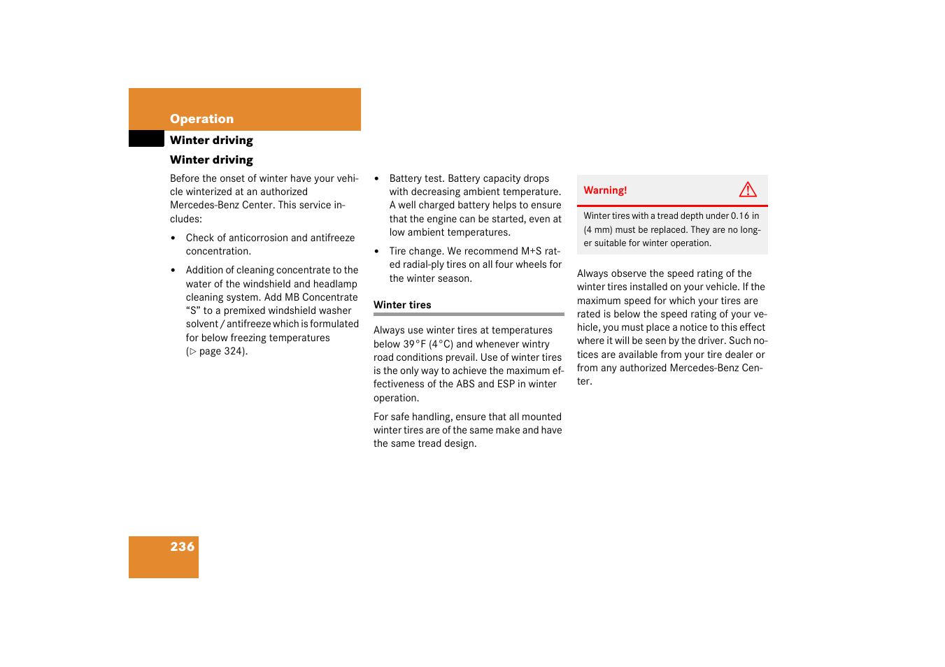 Winter driving, Winter driving:tires;tires:winter;winter tires, Winter tires | Mercedes-Benz 2003 C-Class Coupe User Manual | Page 236 / 356