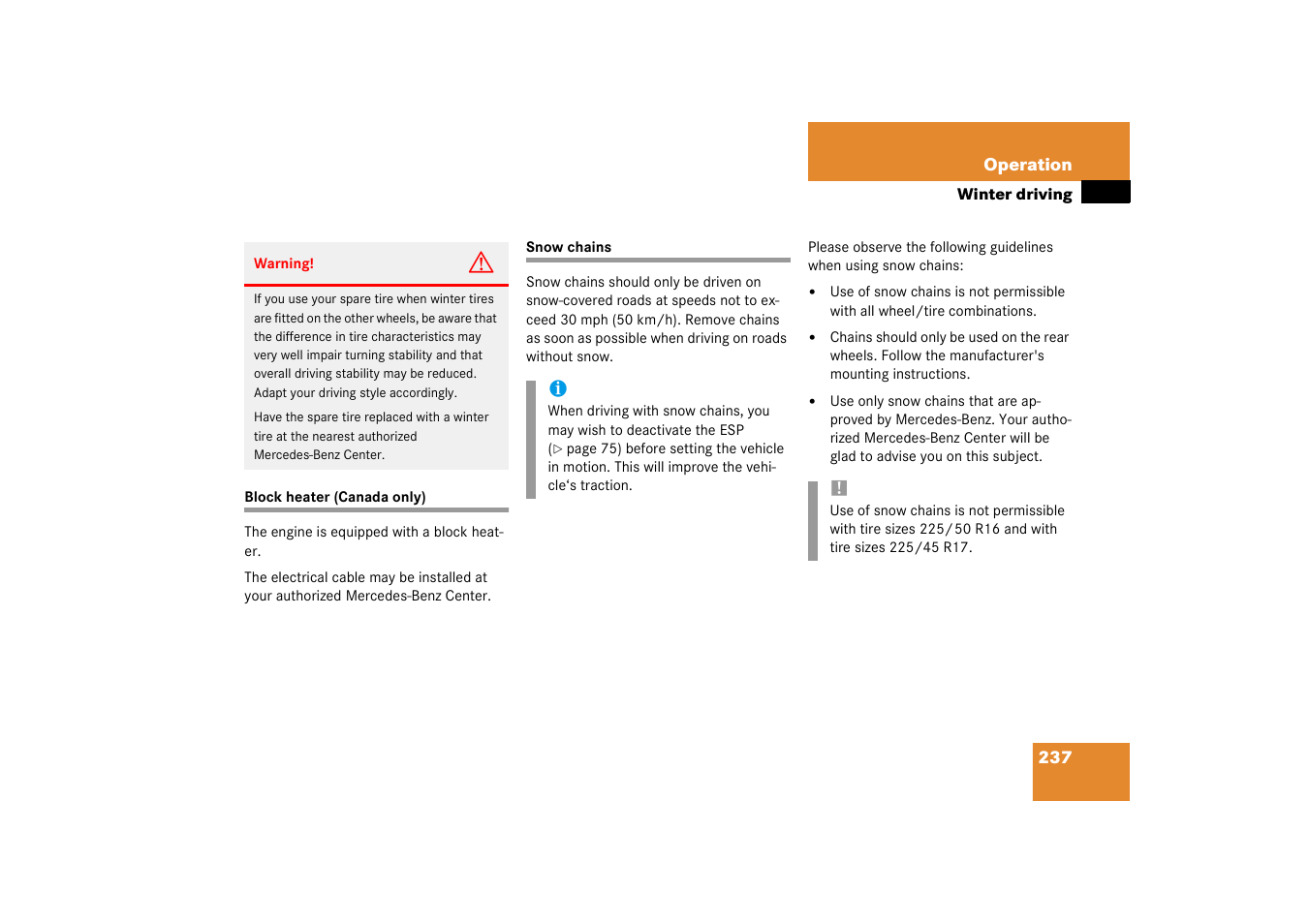 Block heater;winter driving:block heater, Snow chains;winter driving:snow chains, Block heater (canada only) snow chains | Mercedes-Benz 2003 C-Class Coupe User Manual | Page 237 / 356