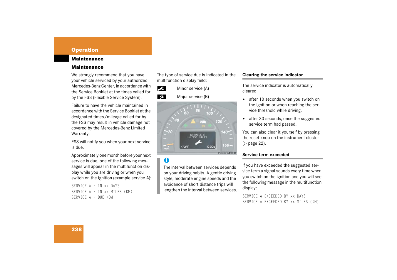 Maintenance, Service indicator:clearing, Service:overdue;overdue service;service:types | Mercedes-Benz 2003 C-Class Coupe User Manual | Page 238 / 356