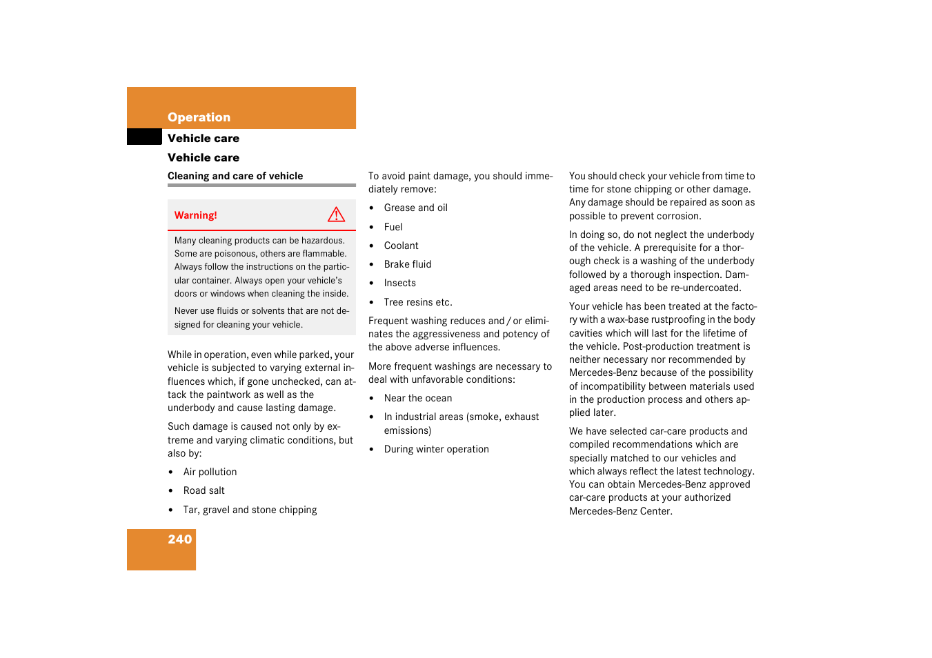 Vehicle care, Washing the vehicle, Cleaning and care of vehicle | Mercedes-Benz 2003 C-Class Coupe User Manual | Page 240 / 356