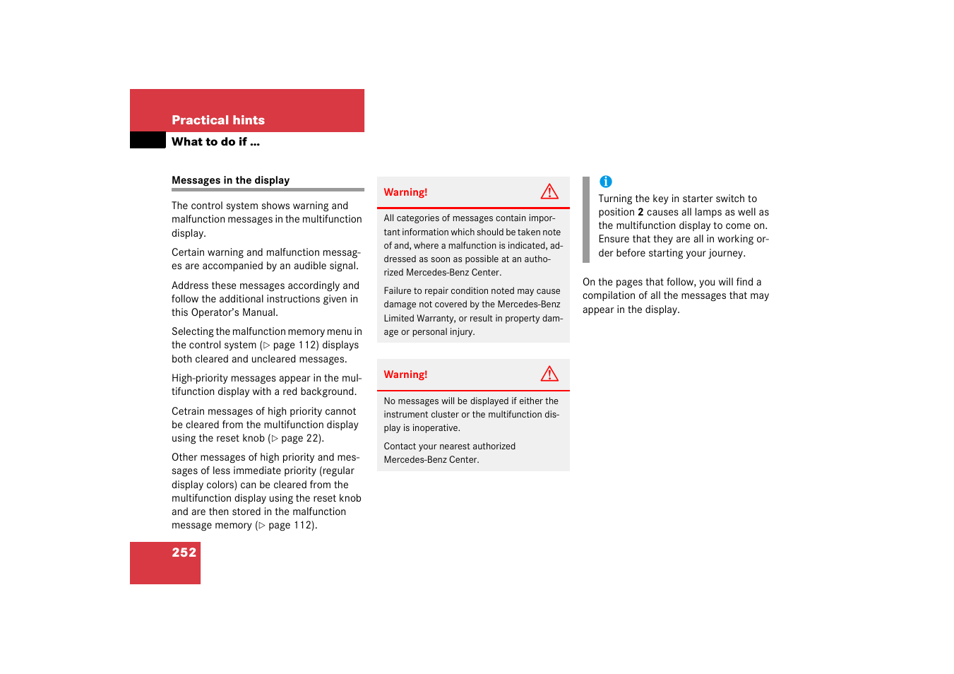 Messages in the display | Mercedes-Benz 2003 C-Class Coupe User Manual | Page 252 / 356