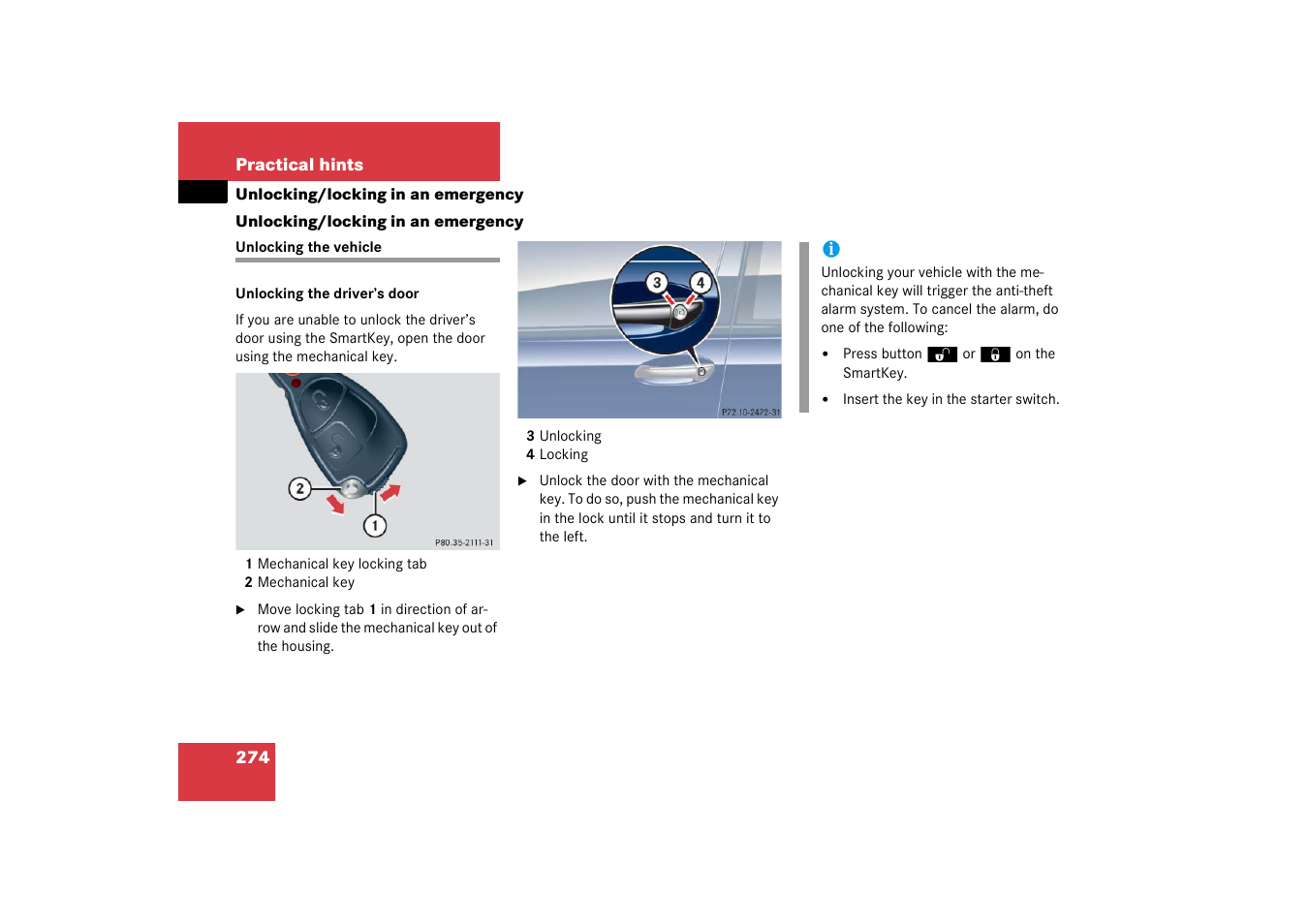 Unlocking the vehicle, Unlocking/locking in an emergency | Mercedes-Benz 2003 C-Class Coupe User Manual | Page 274 / 356