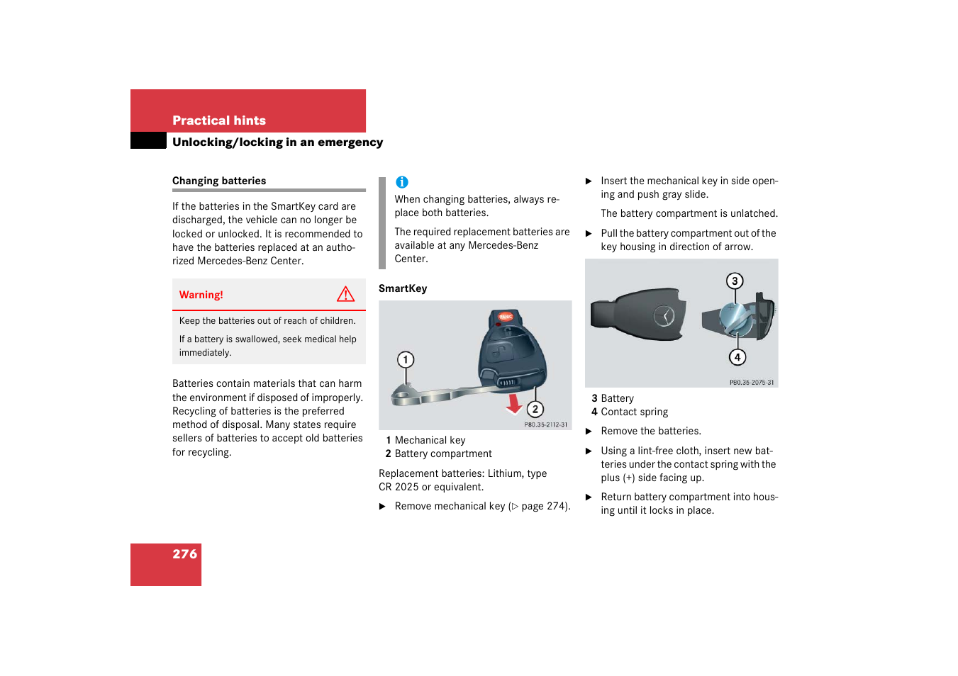 Changing batteries | Mercedes-Benz 2003 C-Class Coupe User Manual | Page 276 / 356