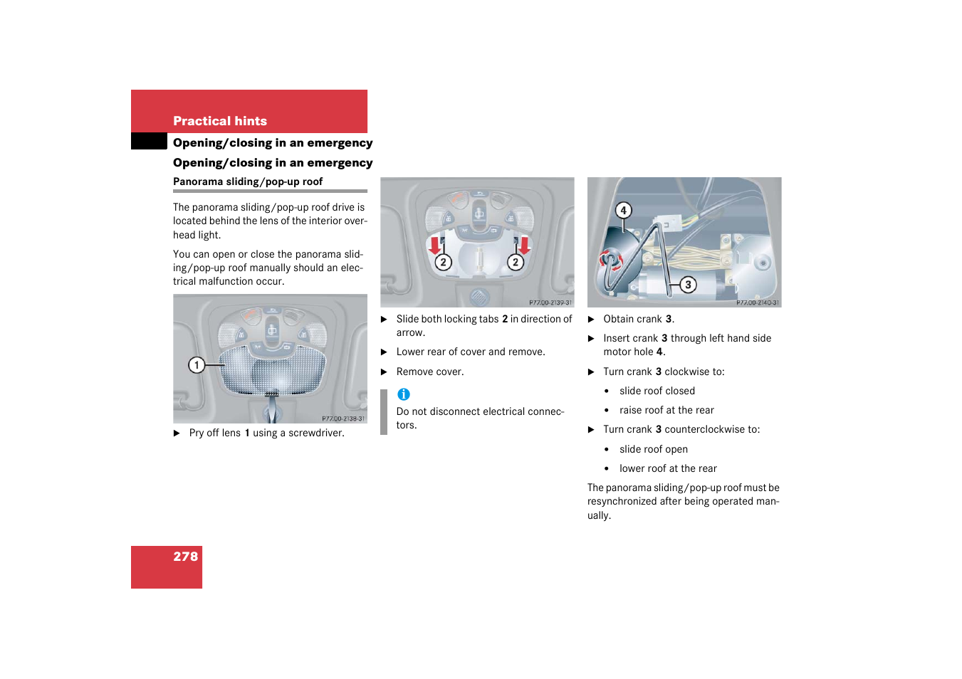 Opening/closing in an emergency, Panorama sliding/pop-up roof | Mercedes-Benz 2003 C-Class Coupe User Manual | Page 278 / 356