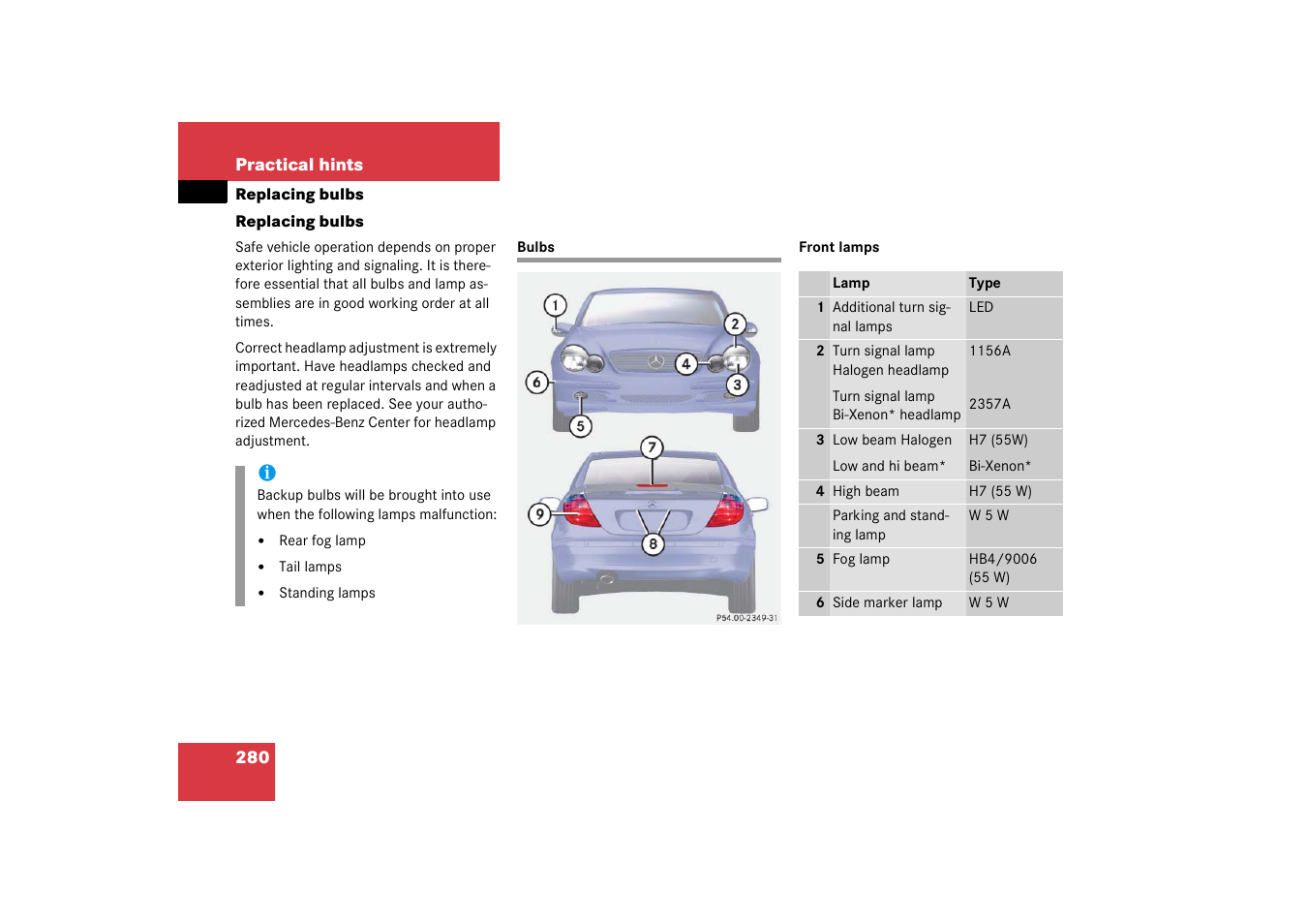 Bulbs, replacing;replacing:bulbs, Bulbs, Replacing bulbs | Mercedes-Benz 2003 C-Class Coupe User Manual | Page 280 / 356