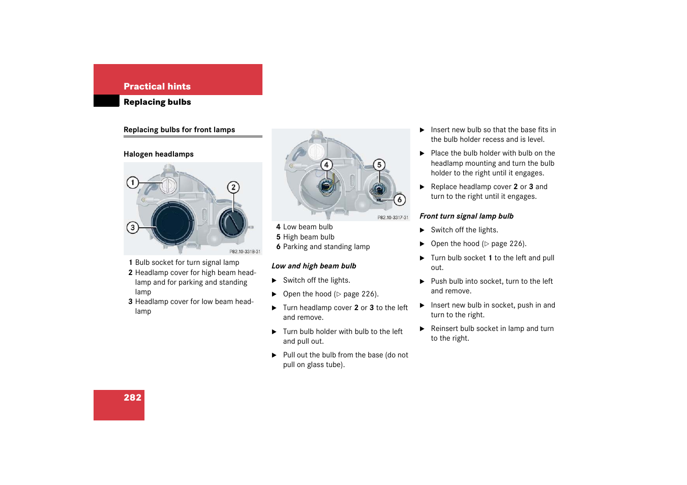 Replacing bulbs for front lamps | Mercedes-Benz 2003 C-Class Coupe User Manual | Page 282 / 356