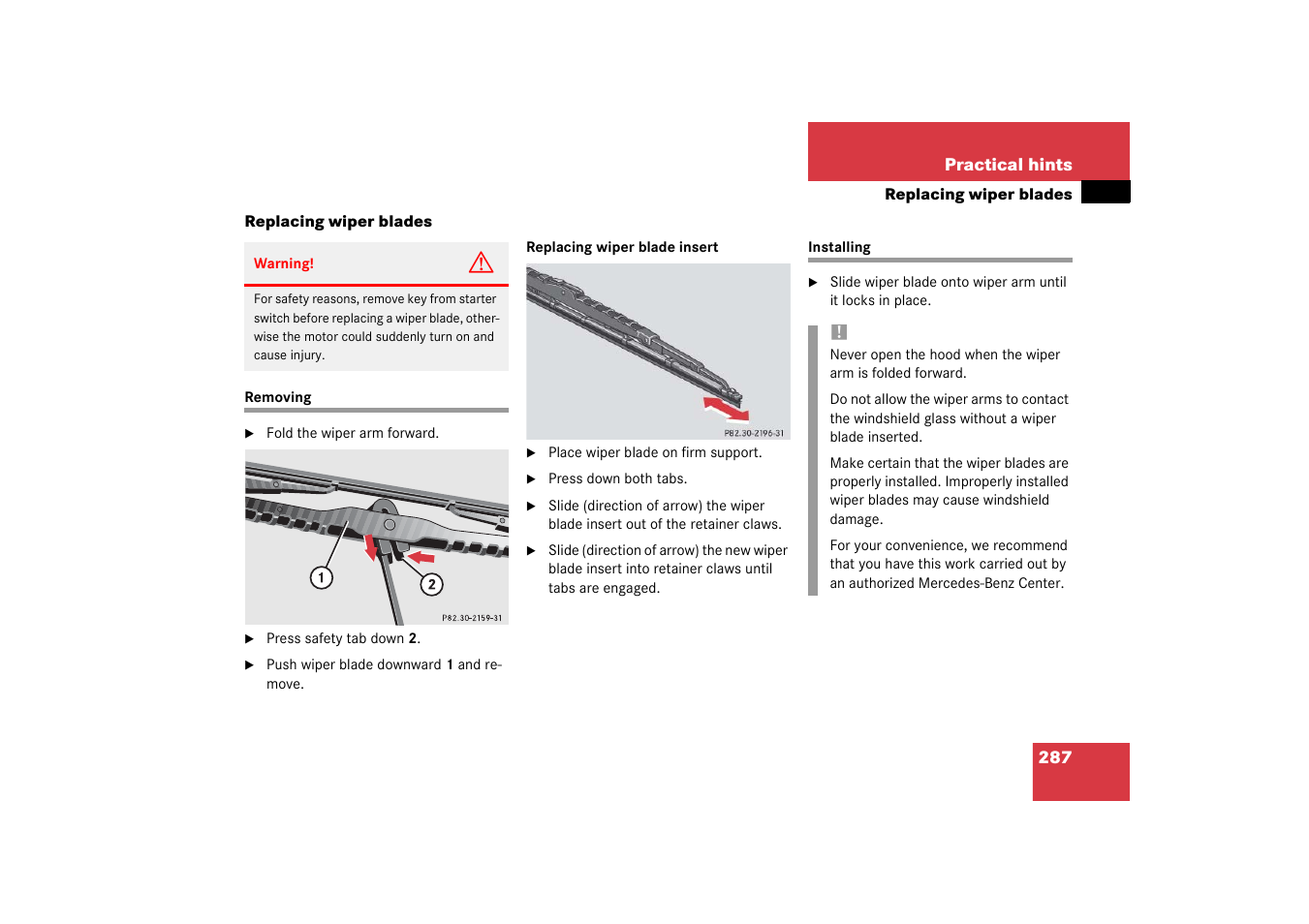 Wiper blades:removing;removing:wiper blades, Wiper blades:installing;installing:wiper blades, Replacing wiper blades | Removing installing | Mercedes-Benz 2003 C-Class Coupe User Manual | Page 287 / 356