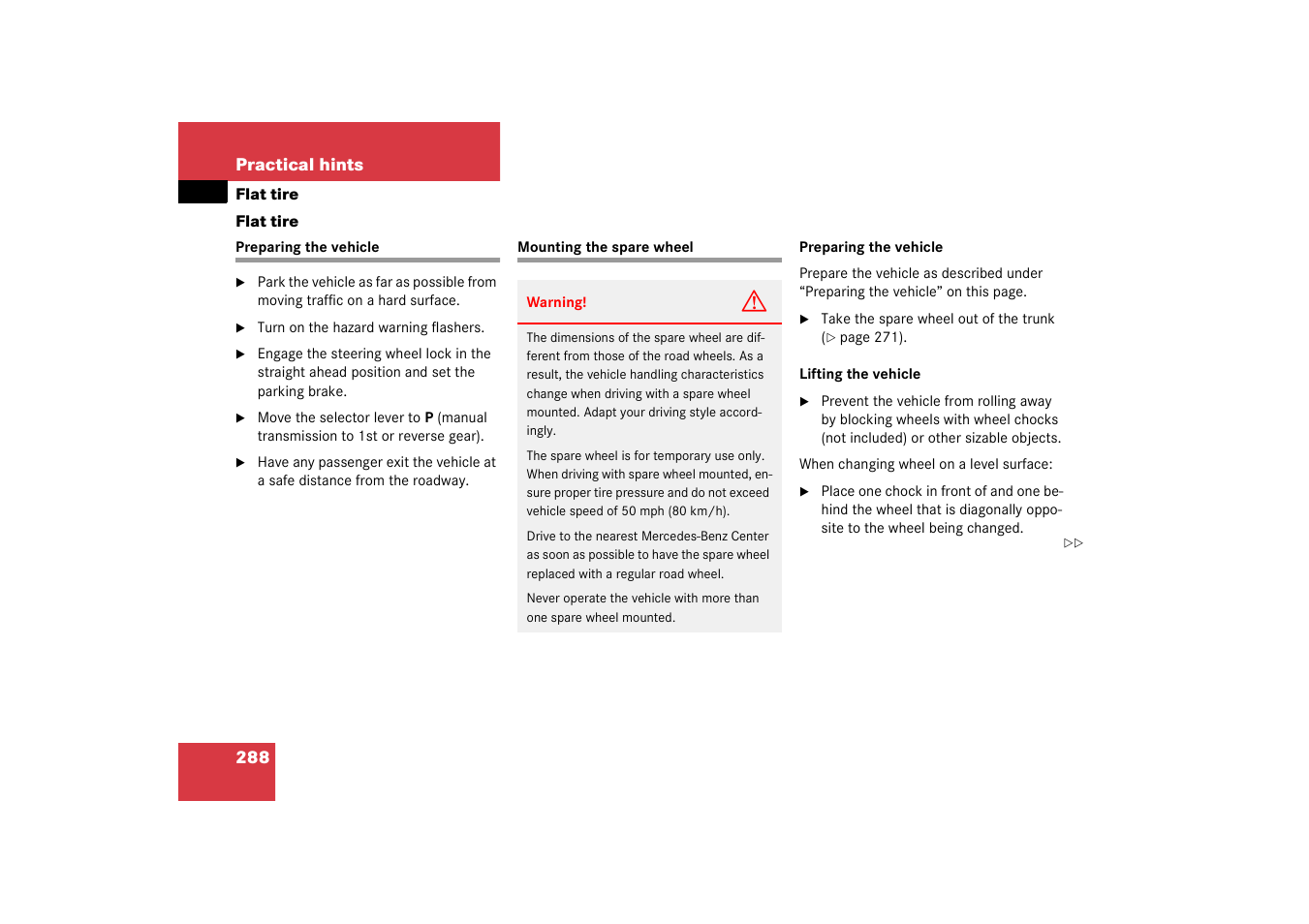 Flat tire, Flat tire:preparing the vehicle, Preparing the vehicle mounting the spare wheel | Mercedes-Benz 2003 C-Class Coupe User Manual | Page 288 / 356